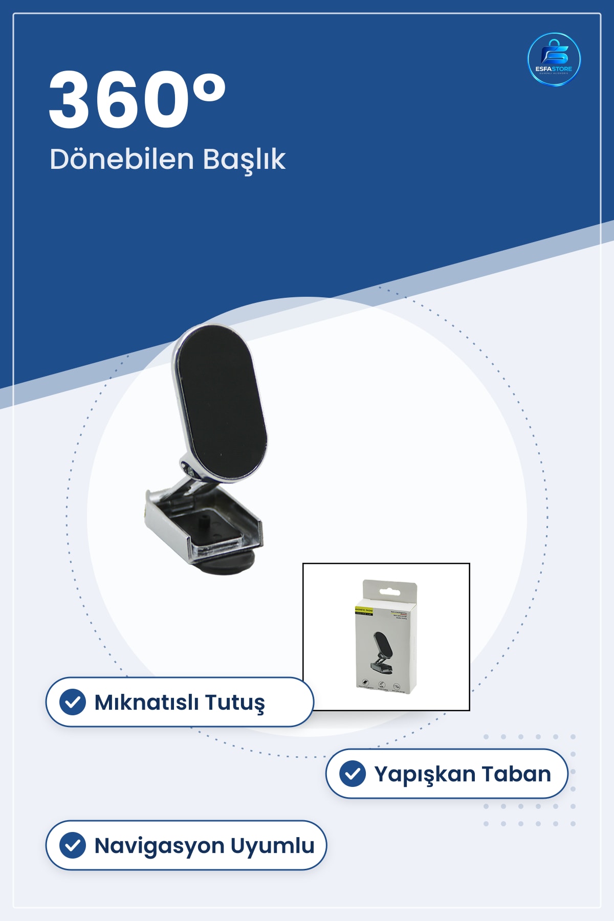 Mıknatıslı Araç İçi Telefon Tutucu Yapışkanlı Derece Dönebilen Başlık Navigasyon Uyumlu Stand