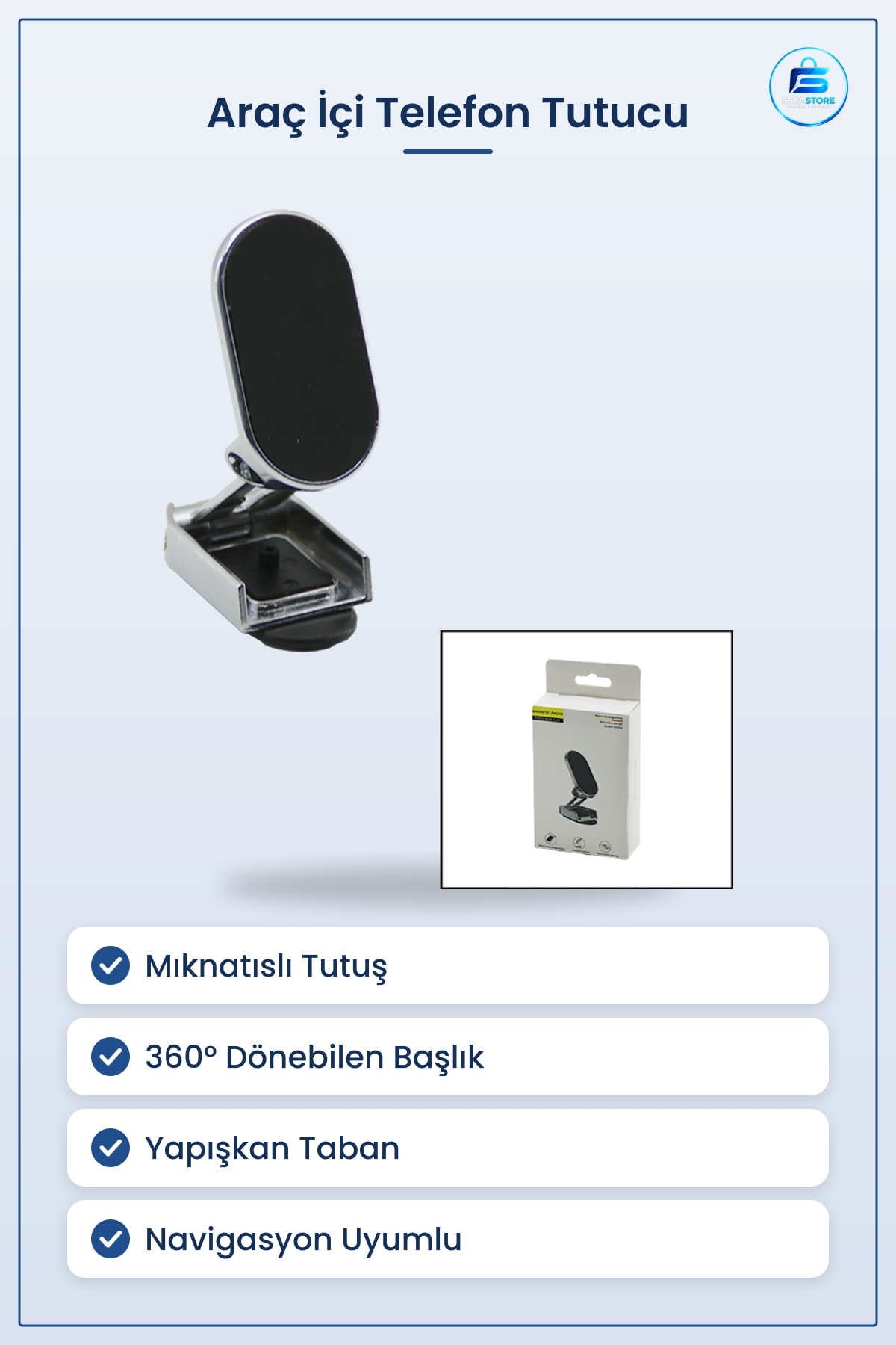 Mıknatıslı Araç İçi Telefon Tutucu Yapışkanlı Derece Dönebilen Başlık Navigasyon Uyumlu Stand
