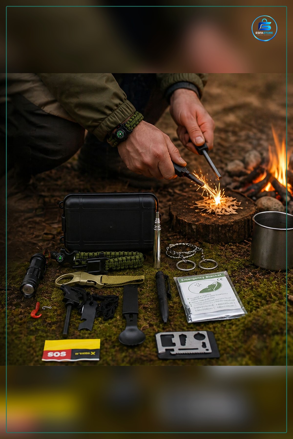 Hayatta Kalma Seti 12 Parça Kamp Survival Kit El Feneri Pusulalı Paracord Bileklik Flint Çakmak