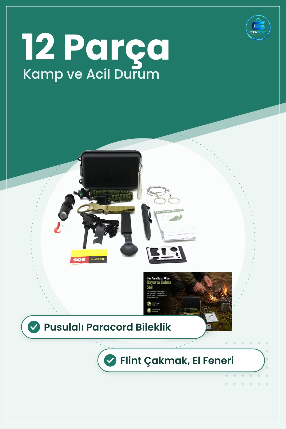 Hayatta Kalma Seti 12 Parça Kamp Survival Kit El Feneri Pusulalı Paracord Bileklik Flint Çakmak
