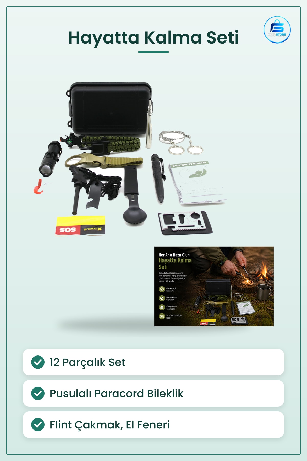 Hayatta Kalma Seti 12 Parça Kamp Survival Kit El Feneri Pusulalı Paracord Bileklik Flint Çakmak
