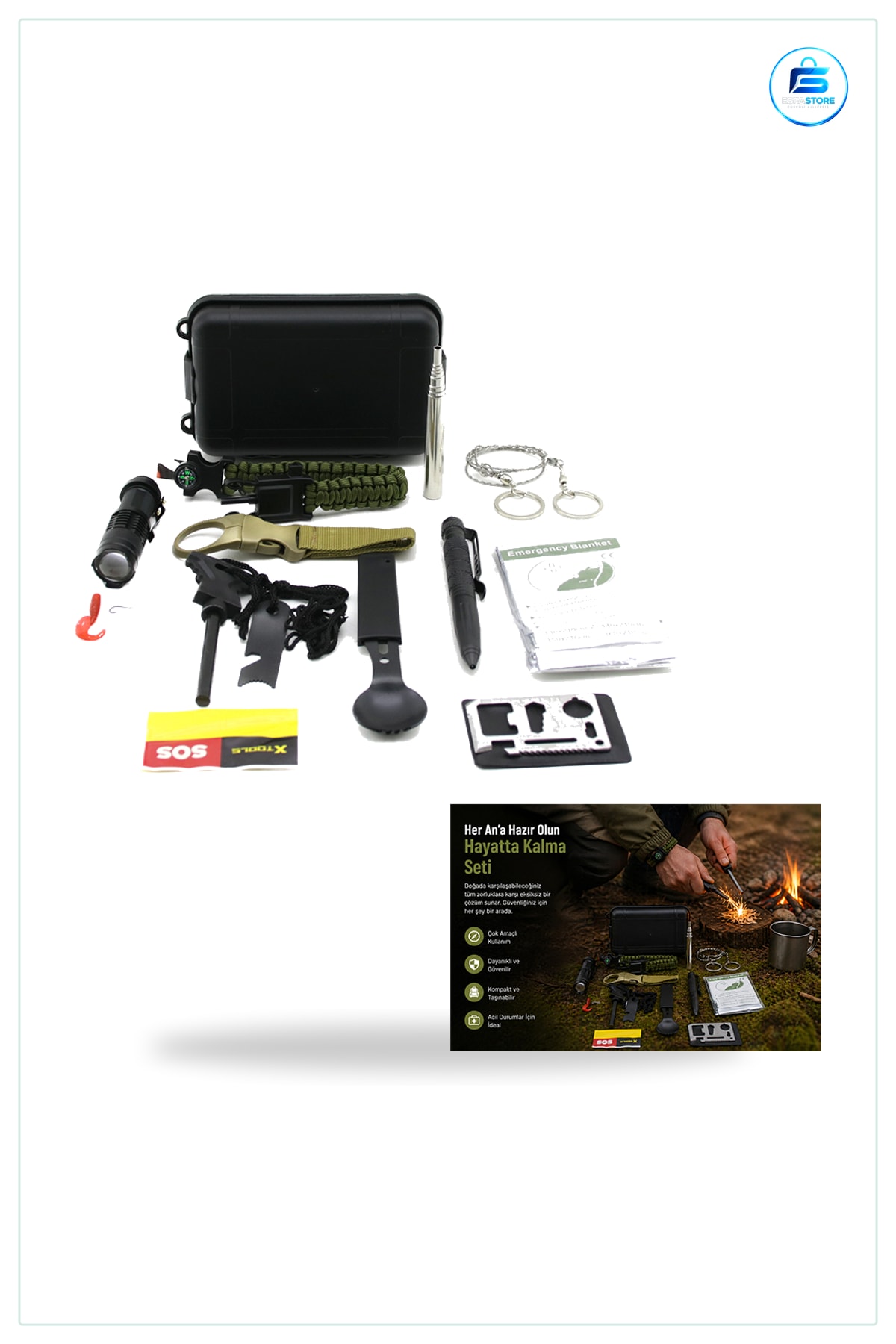 Hayatta Kalma Seti 12 Parça Kamp Survival Kit El Feneri Pusulalı Paracord Bileklik Flint Çakmak