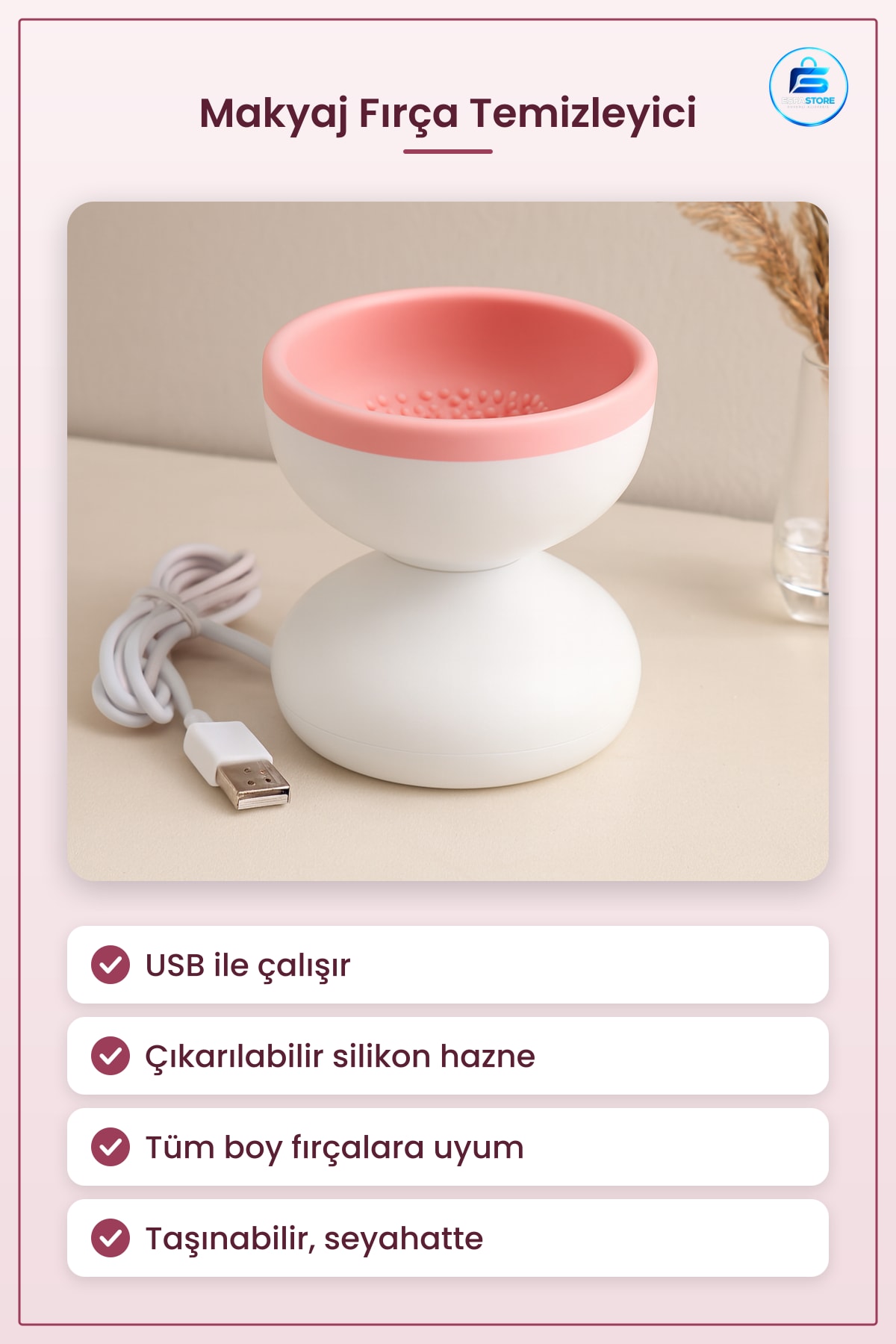 Makyaj Fırça Temizleme Makinesi USB Silikon Hazneli Taşınabilir Kozmetik Yıkama Cihazı