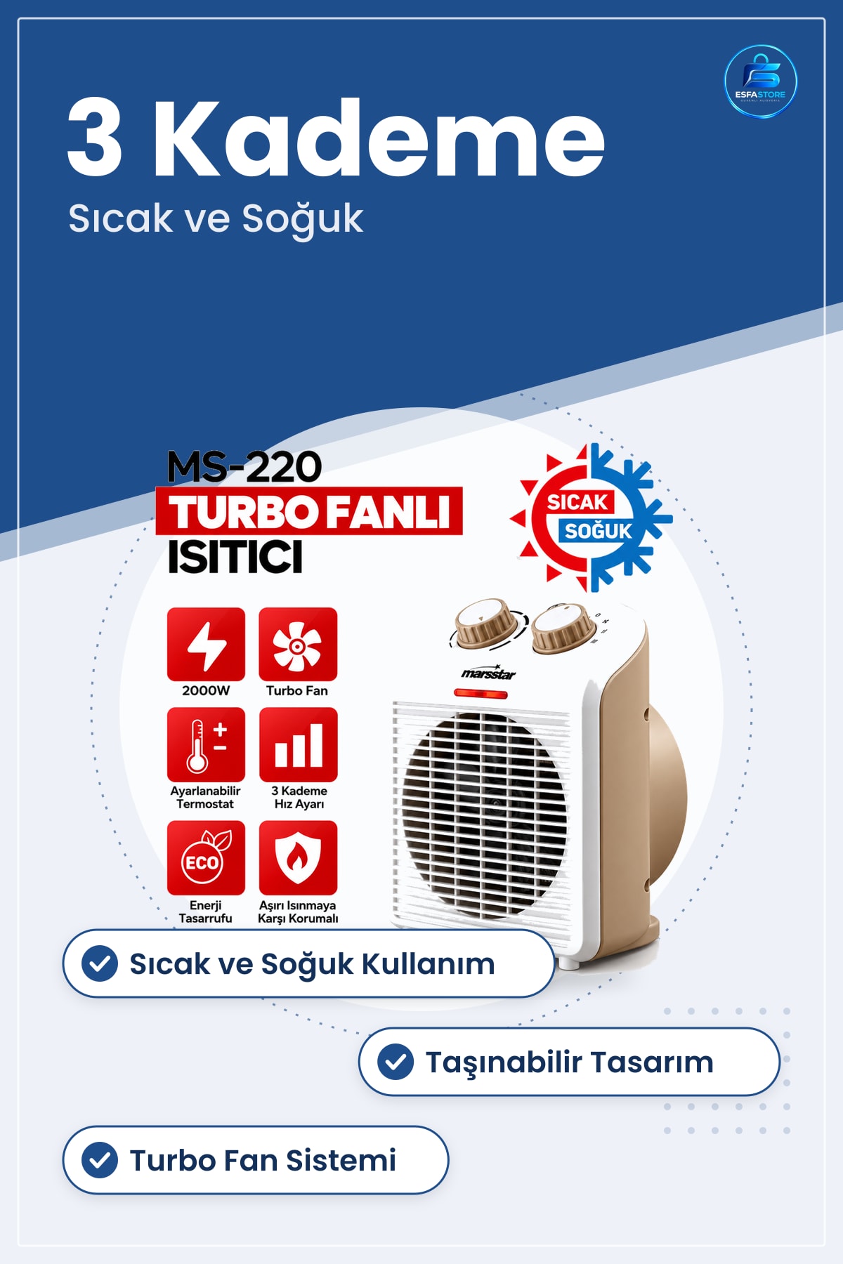 Fanlı Isıtıcı Turbo Fan Sıcak Soğuk Elektrikli 3 Kademe Ev Ofis Atölye Taşınabilir Kullanım