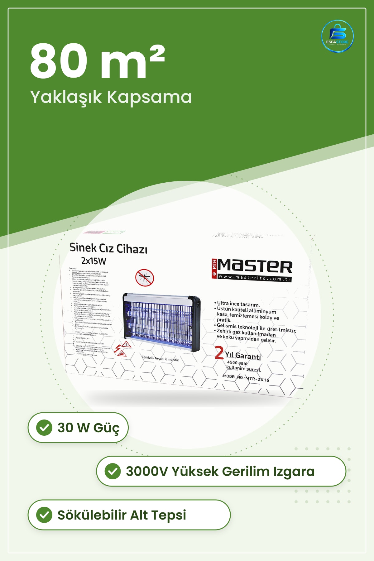 Elektrikli Sinek Öldürücü Cihaz 30W 2x15W 3000V m² Kapsama Ev Ofis Restoran İçin Haşere