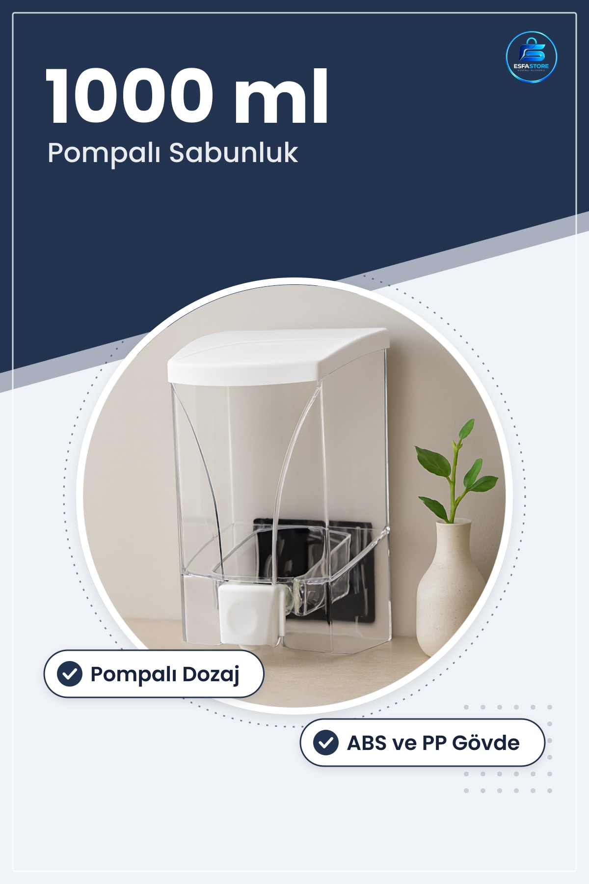 Sıvı Sabunluk Jumbo 1000 ml Banyo Mutfak Ofis Dağıtıcı Dayanıklı ABS PP Gövde Pompalı Hijyenik