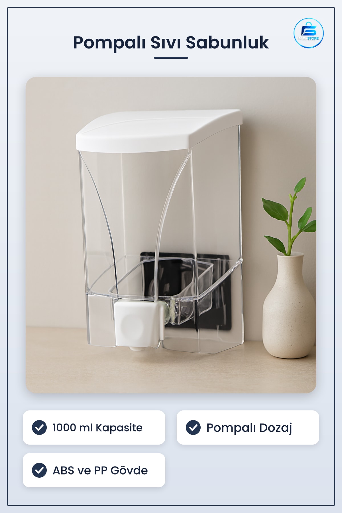 Sıvı Sabunluk Jumbo 1000 ml Banyo Mutfak Ofis Dağıtıcı Dayanıklı ABS PP Gövde Pompalı Hijyenik
