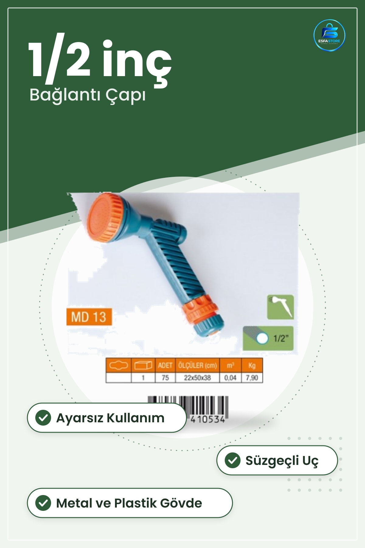 Sulama Başlığı Ayarsız Tabanca Süzgeçli Bahçe Hortum Püskürtme Ucu 1/2 inç Paslanmaz Metal Plastik