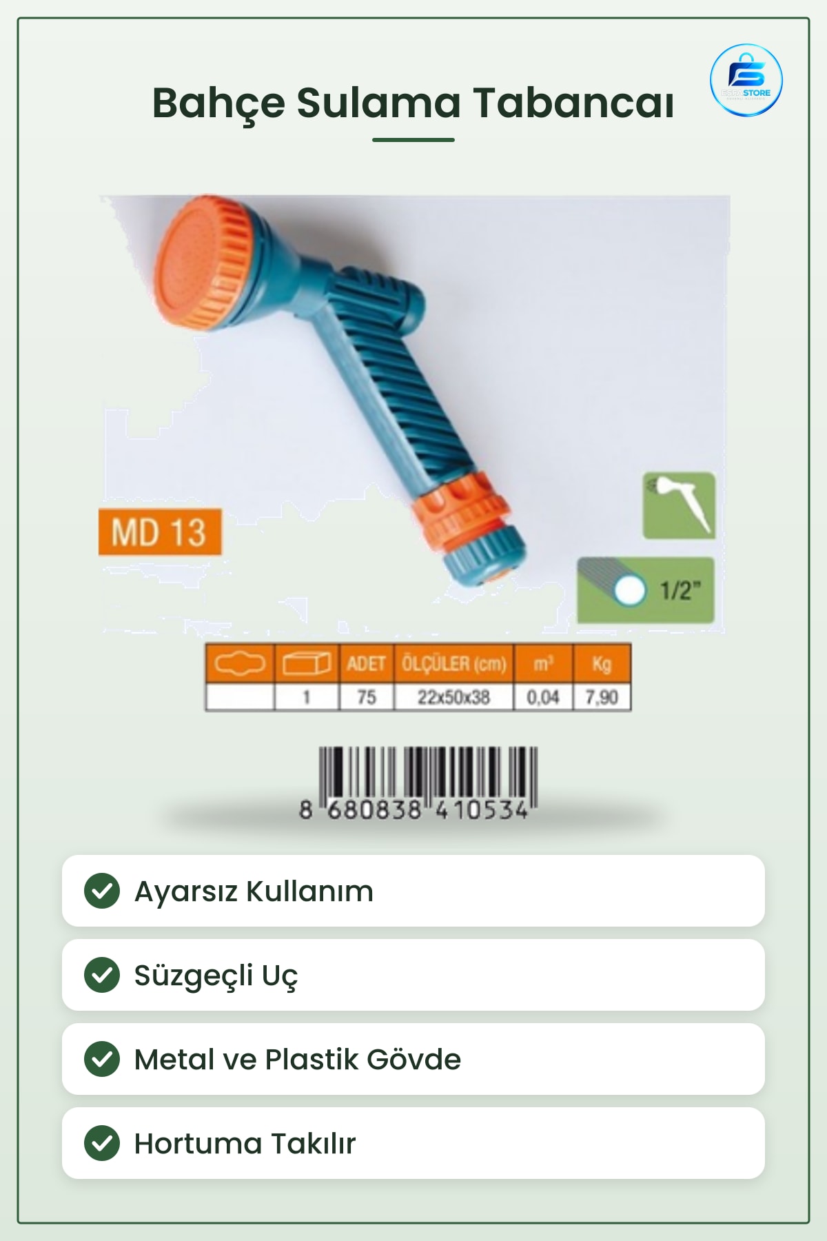 Sulama Başlığı Ayarsız Tabanca Süzgeçli Bahçe Hortum Püskürtme Ucu 1/2 inç Paslanmaz Metal Plastik
