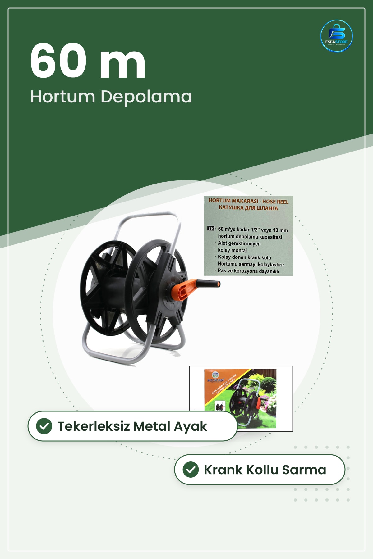 Portatif Hortum Makarası Tekerleksiz Metal Ayaklı Bahçe Sulama Krank Kollu Toplama Ürünü Sarma