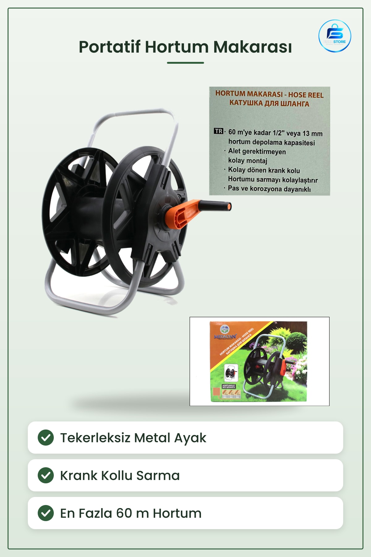 Portatif Hortum Makarası Tekerleksiz Metal Ayaklı Bahçe Sulama Krank Kollu Toplama Ürünü Sarma