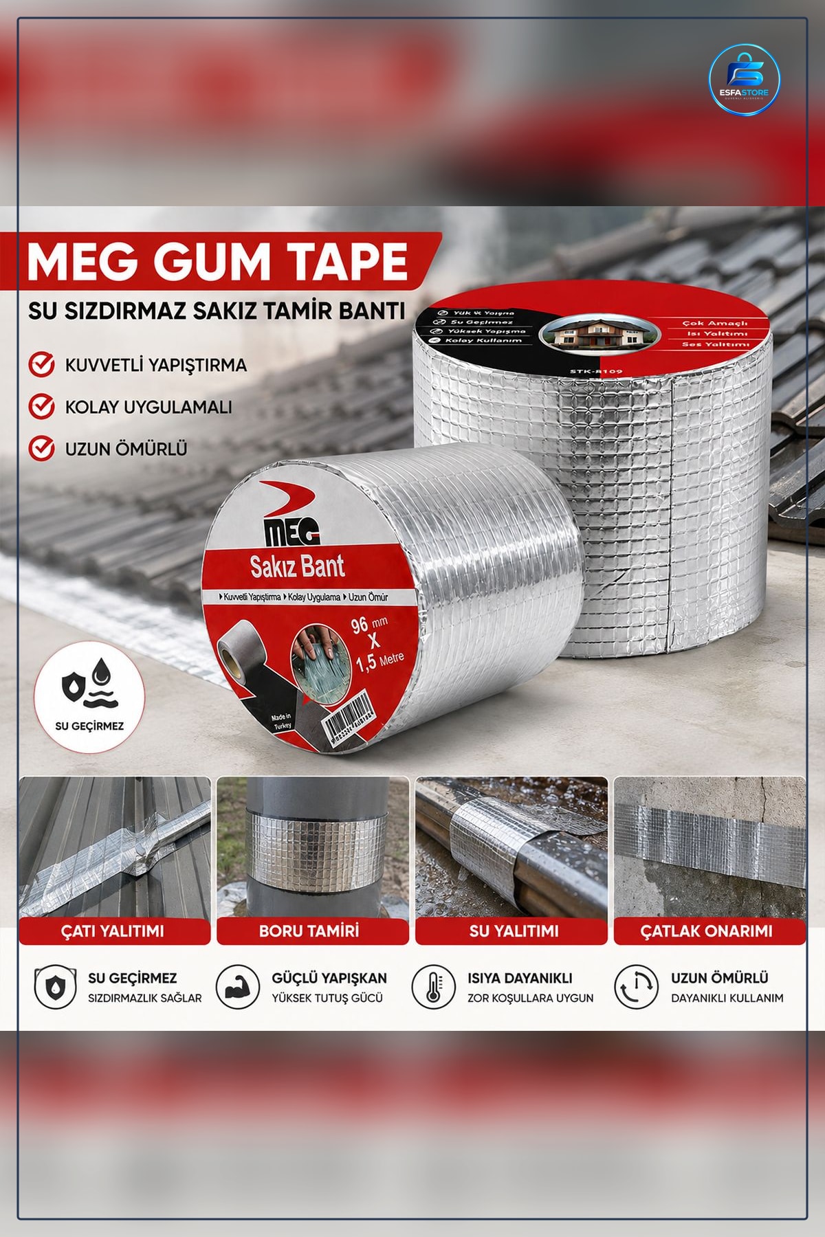 Sakız Bant Su Geçirmez Butil Tamir Bandı 96 mm x 1,5 m Çatı Boru Sızntı Onarım Yapıştırıcı Acil