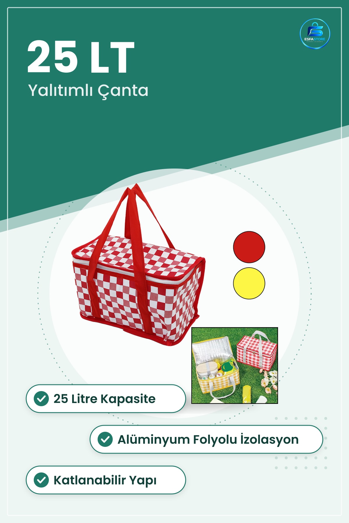 Termal Çanta 25LT Folyolu Taşıma Kulplu Piknik Kamp Yemek Soğutucu Yalıtımlı 22x22x33 cm
