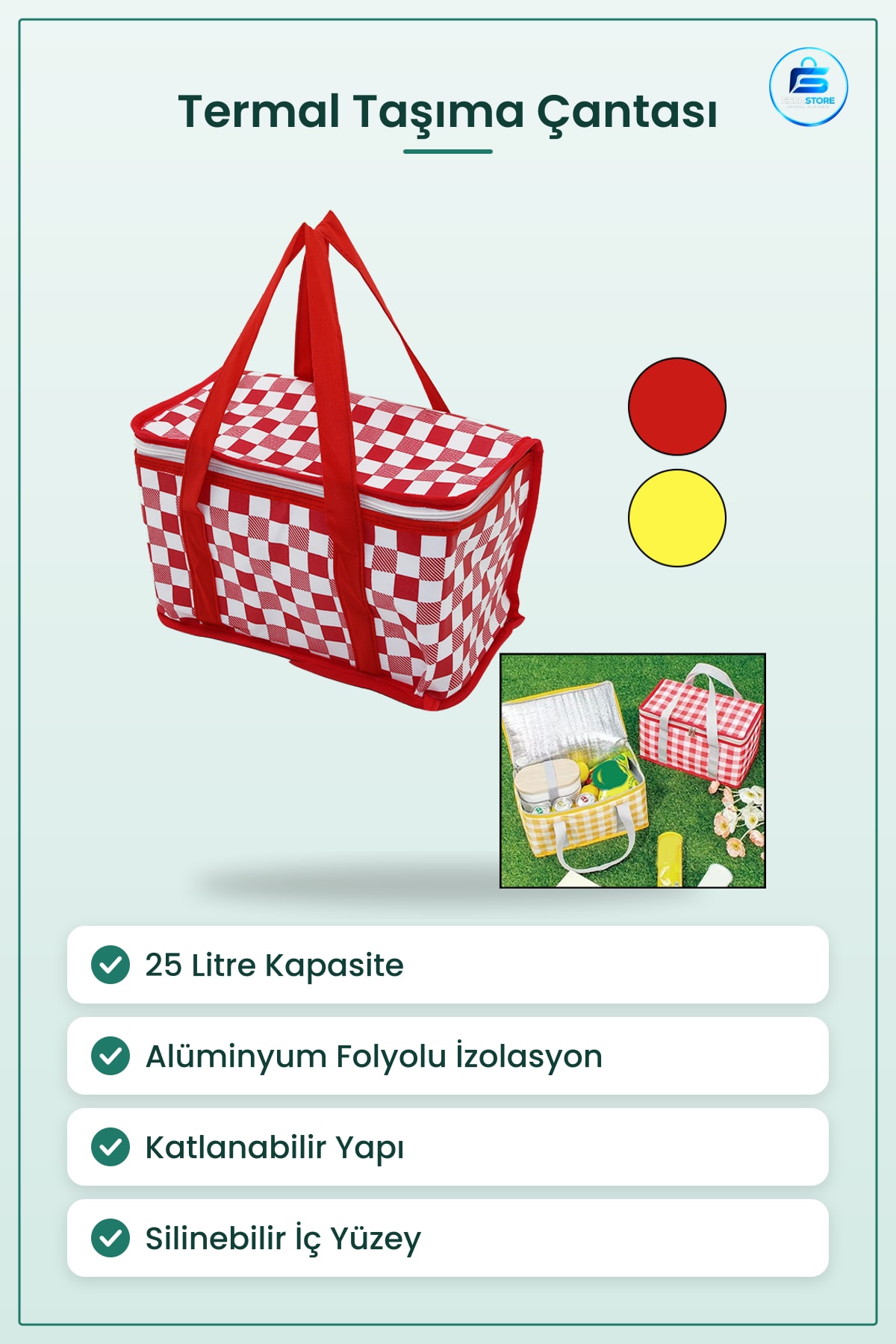 Termal Çanta 25LT Folyolu Taşıma Kulplu Piknik Kamp Yemek Soğutucu Yalıtımlı 22x22x33 cm