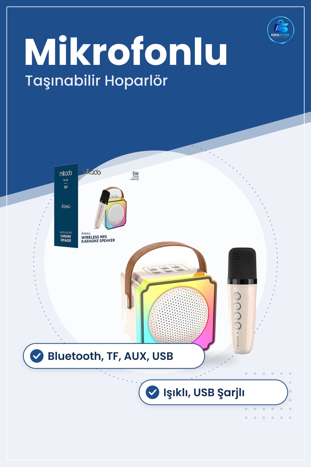 Karaoke Mikrofonlu Taşınabilir Bluetooth Hoparlör Işıklı USB Şarjlı TF Kart AUX Parti Ev Auç Mekan