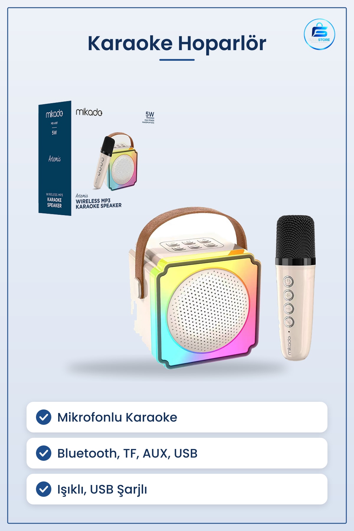 Karaoke Mikrofonlu Taşınabilir Bluetooth Hoparlör Işıklı USB Şarjlı TF Kart AUX Parti Ev Auç Mekan