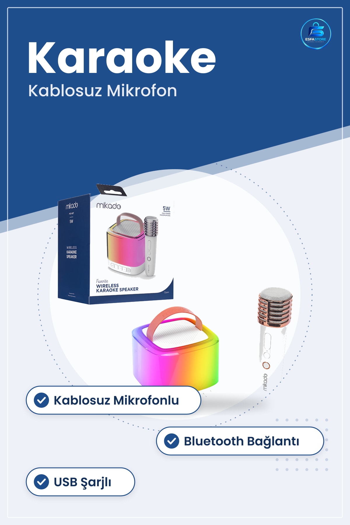 Kablosuz Mikrofonlu Karaoke Hoparlör Bluetooth USB Şarjlı Işıklı Taşınabilir Beyaz Parti Ev Etkinlik