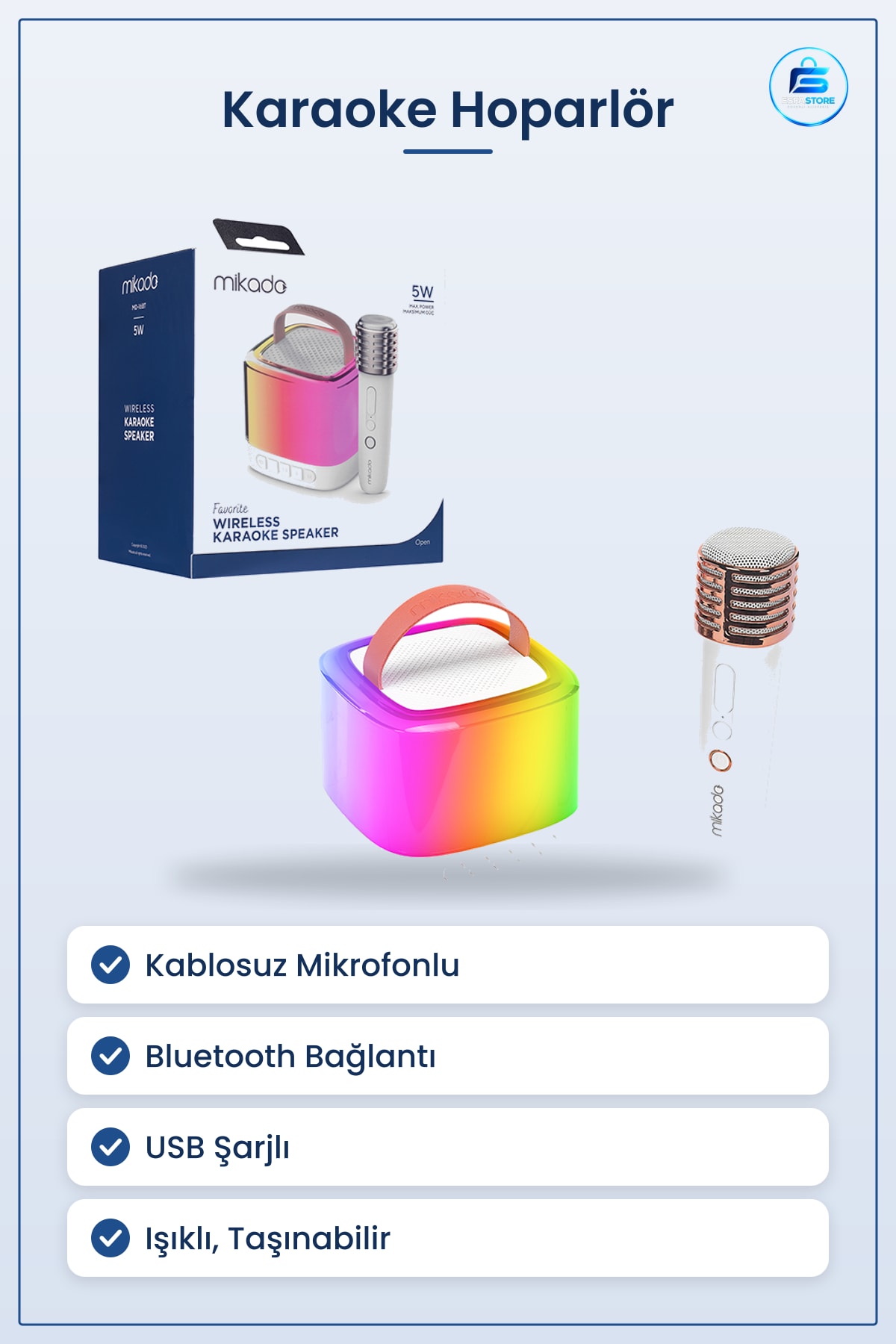 Kablosuz Mikrofonlu Karaoke Hoparlör Bluetooth USB Şarjlı Işıklı Taşınabilir Beyaz Parti Ev Etkinlik