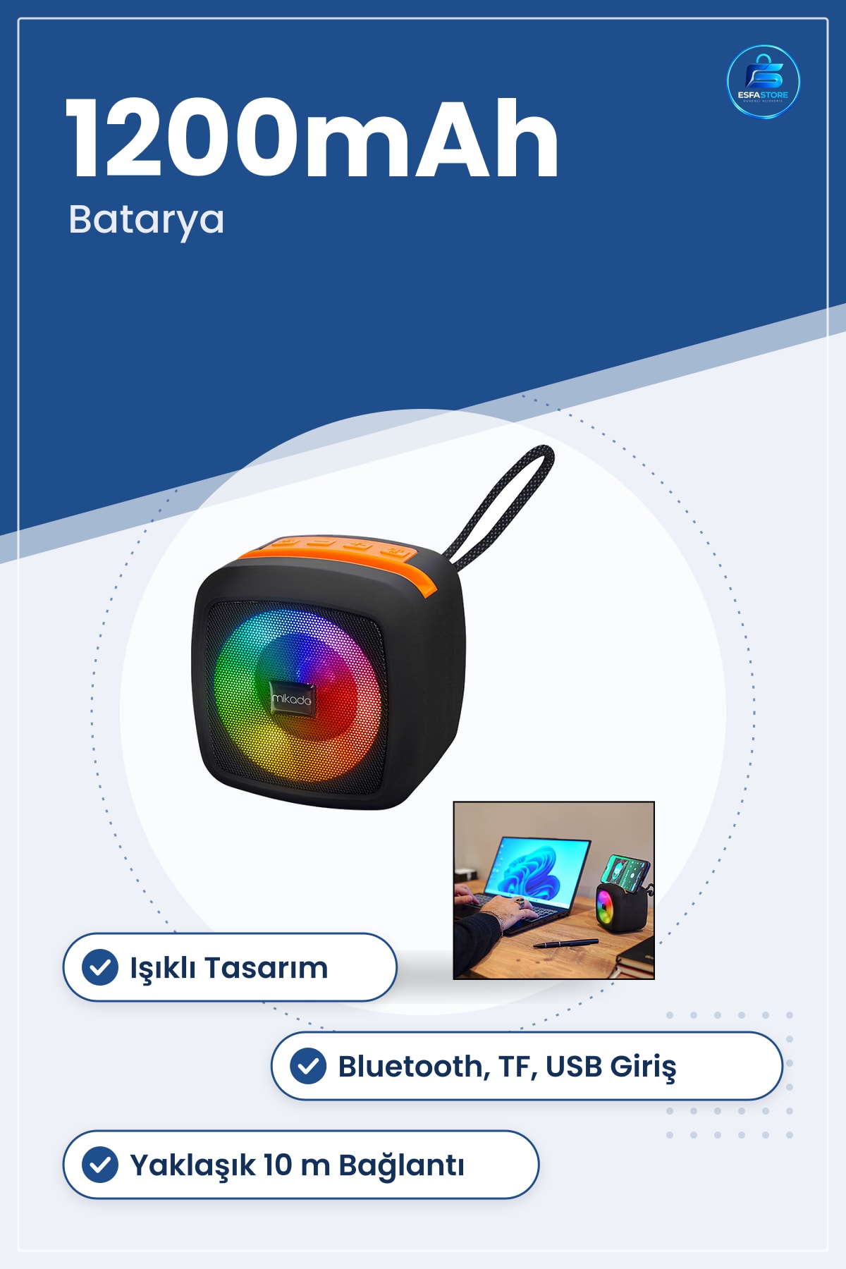 Bluetooth Hoparlör Kablosuz Taşınabilir Işıklı USB TF 1200mAh Batarya Ev Ofis Dış Mekan