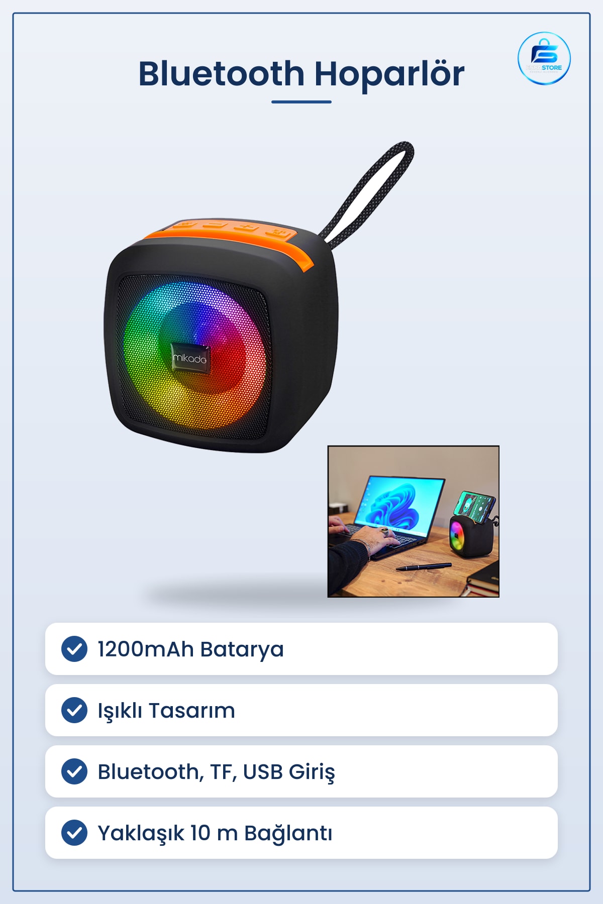 Bluetooth Hoparlör Kablosuz Taşınabilir Işıklı USB TF 1200mAh Batarya Ev Ofis Dış Mekan