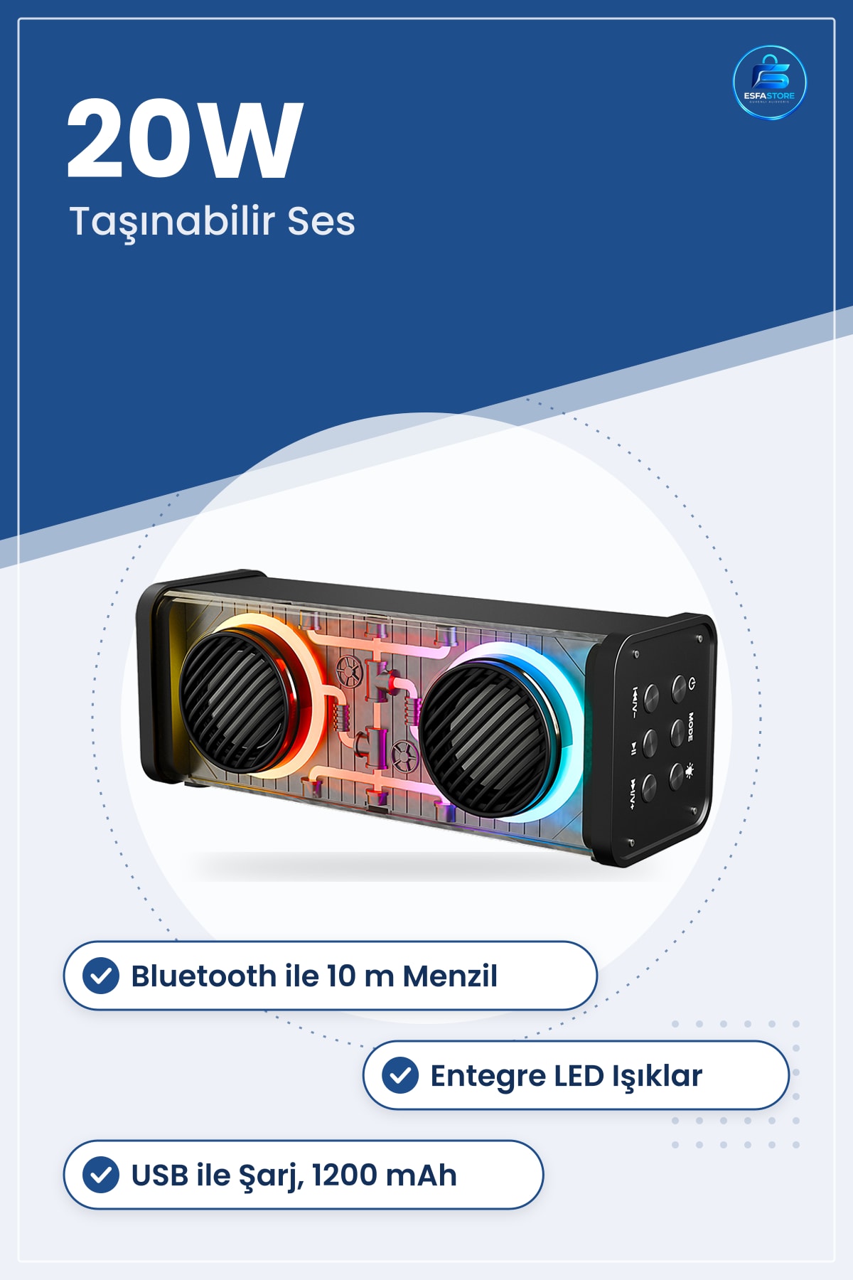 Bluetooth Hoparlör 20W Taşınabilir USB Şarjlı Işıklı Kablosuz Müzik AUX TF Kart Dış Mekan