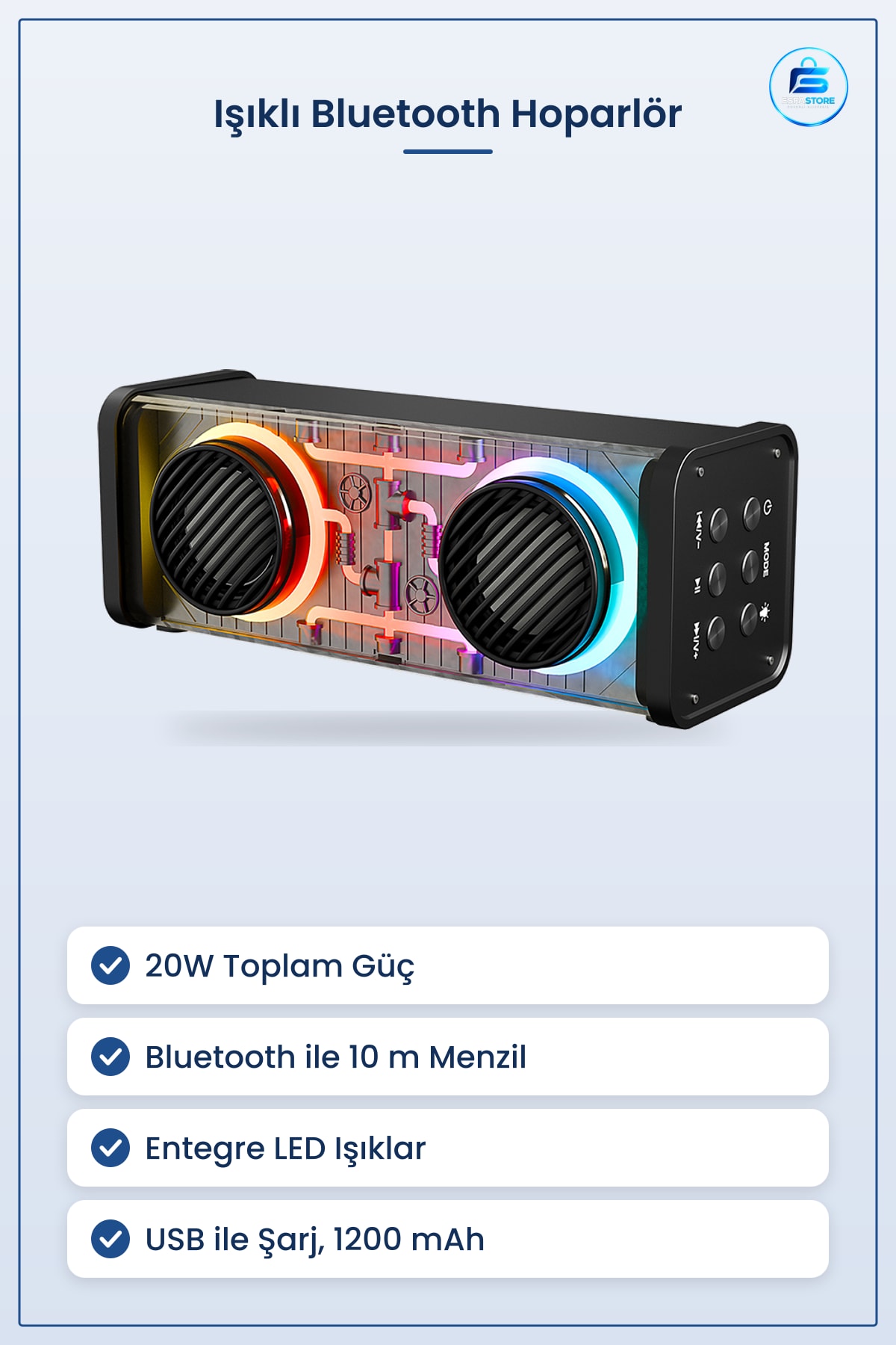 Bluetooth Hoparlör 20W Taşınabilir USB Şarjlı Işıklı Kablosuz Müzik AUX TF Kart Dış Mekan