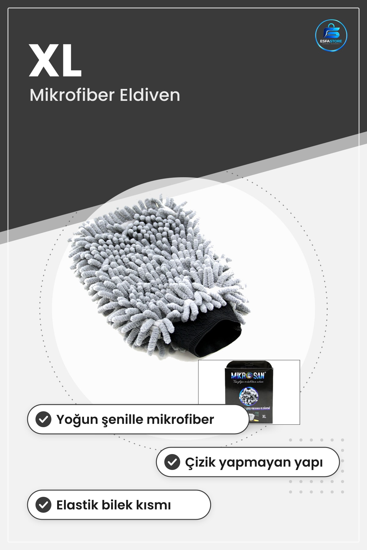 Oto Yıkama Eldiveni Makarna XL Mikrofiber Şenille Gri Çizik Yapmayan Araç Gövde Jant Cam Temizlik
