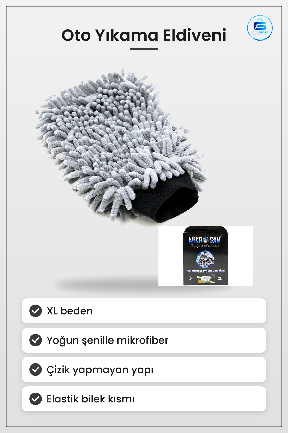 Oto Yıkama Eldiveni Makarna XL Mikrofiber Şenille Gri Çizik Yapmayan Araç Gövde Jant Cam Temizlik