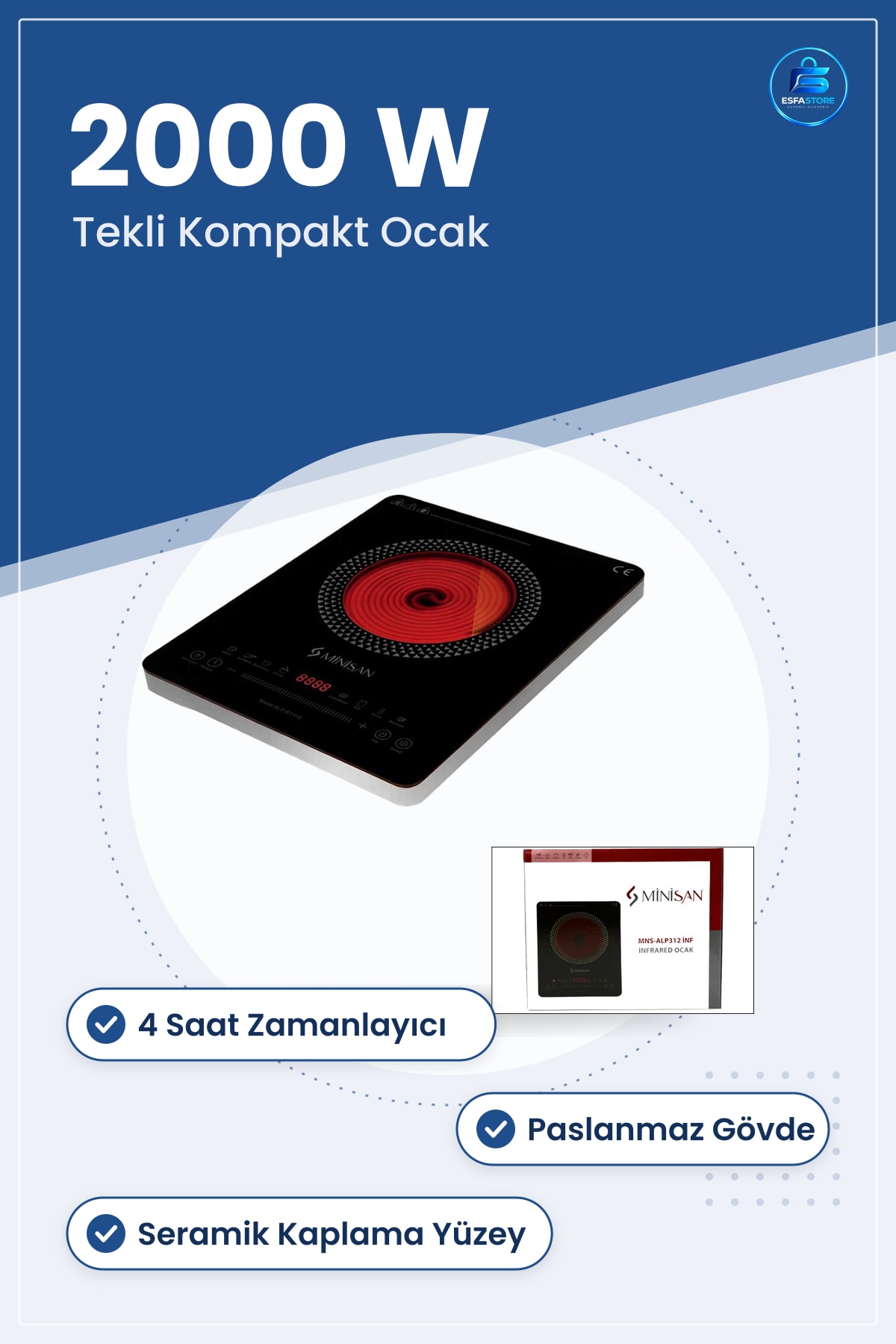 Elektrikli Ocak Tekli 2000W 4 Saat Zamanlayıcı Ön Ayarlı Kompakt Mutfak Ofis Kamp