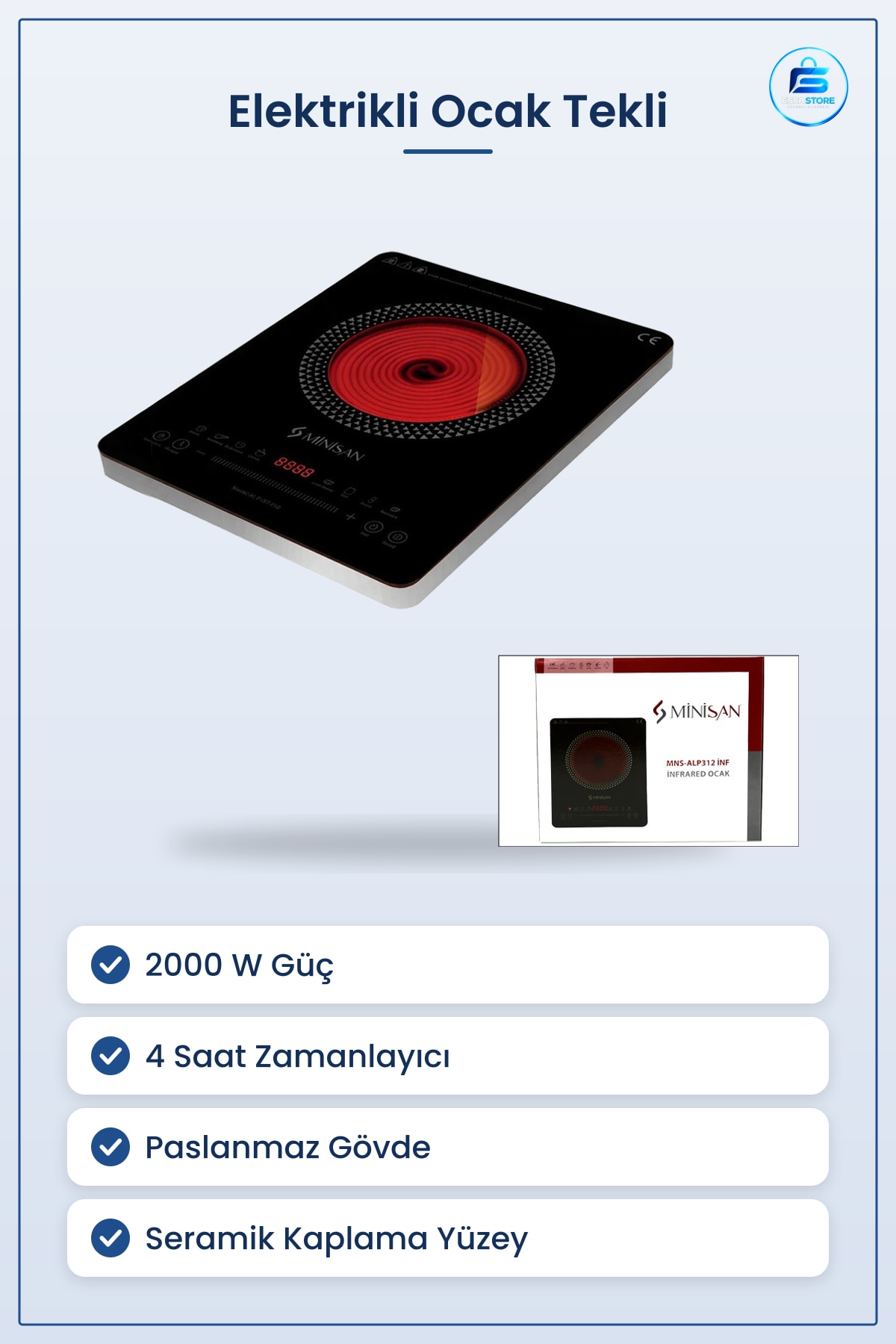 Elektrikli Ocak Tekli 2000W 4 Saat Zamanlayıcı Ön Ayarlı Kompakt Mutfak Ofis Kamp
