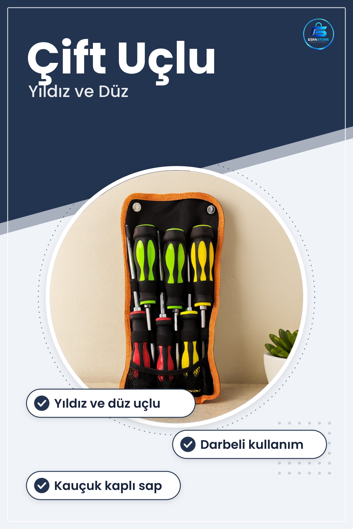 Darbeli Tornavida Takımı Çift Uçlu Yıldız ve Düz Uç Kauçuk Saplı Bez Askalı Ev Atölye