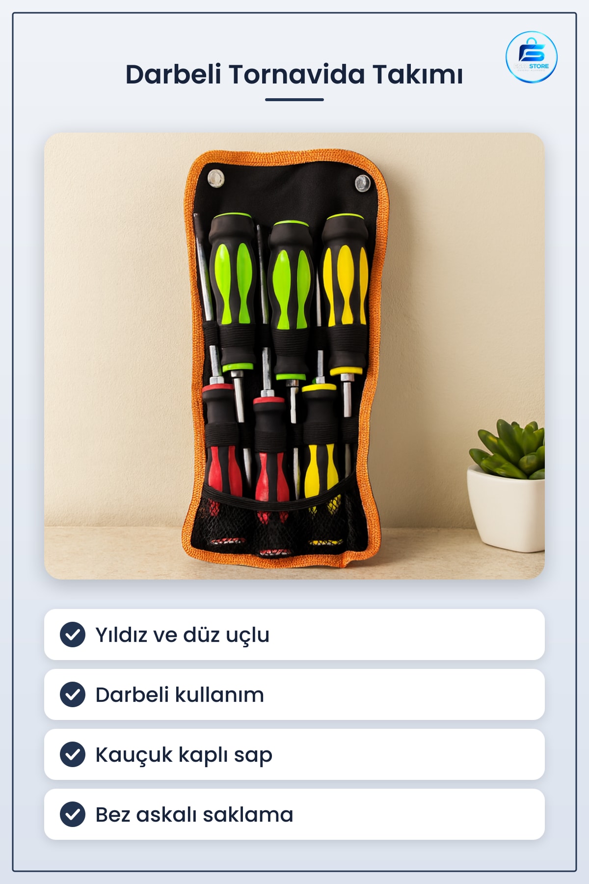 Darbeli Tornavida Takımı Çift Uçlu Yıldız ve Düz Uç Kauçuk Saplı Bez Askalı Ev Atölye