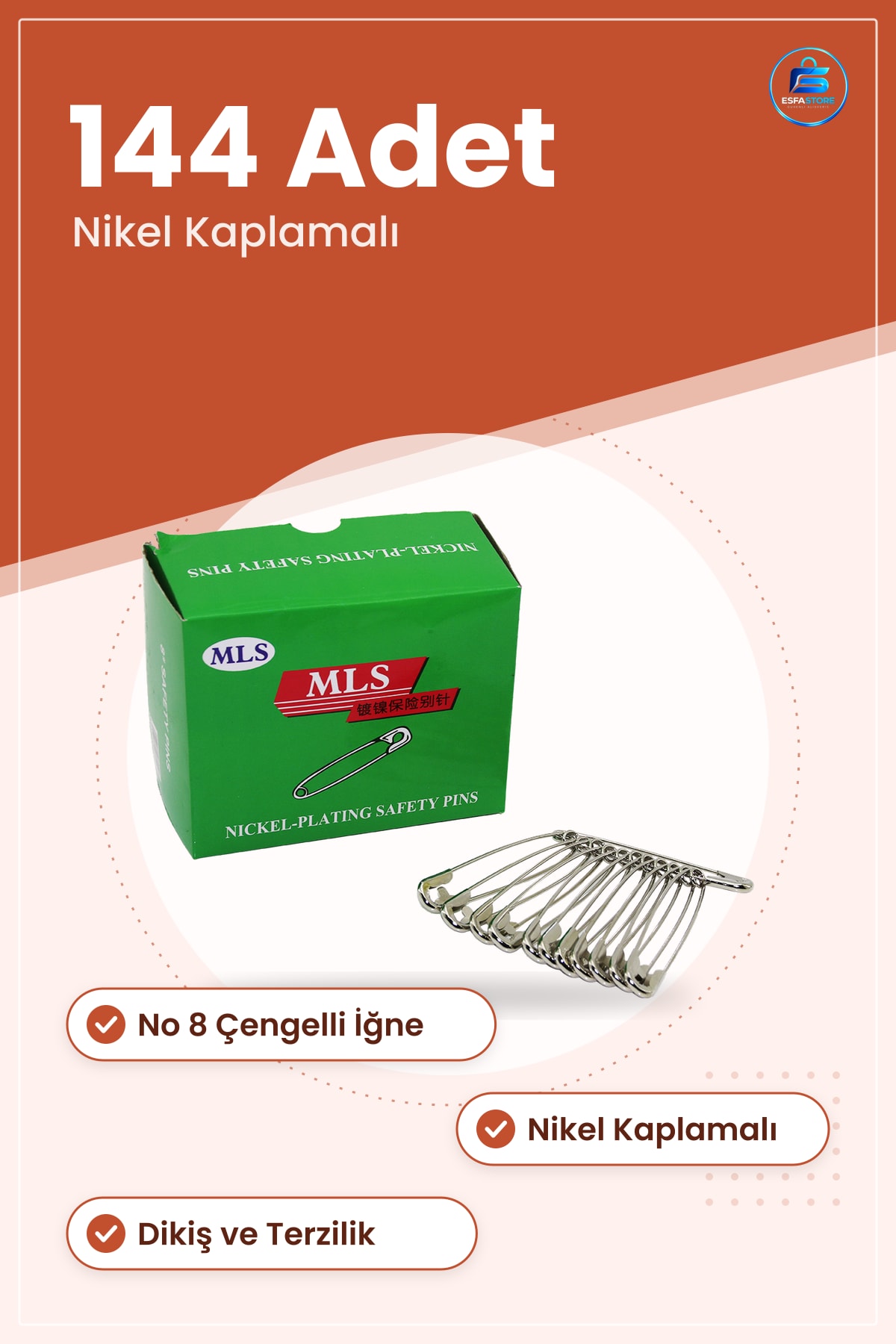 Çengelli İğne No 8 Nikel Kaplamalı 144 Adet Emniyet İğnesi Dikiş Terzilik Giysi Sabitleme