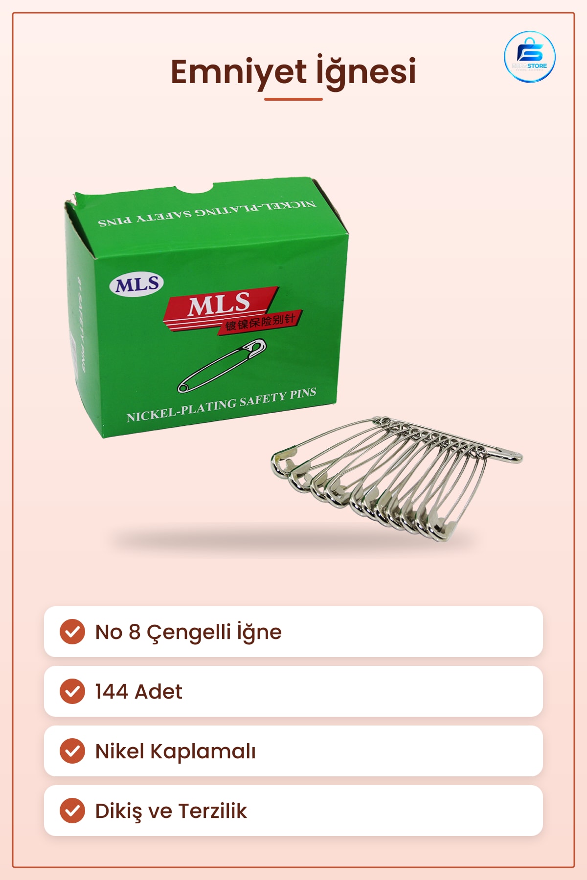 Çengelli İğne No 8 Nikel Kaplamalı 144 Adet Emniyet İğnesi Dikiş Terzilik Giysi Sabitleme