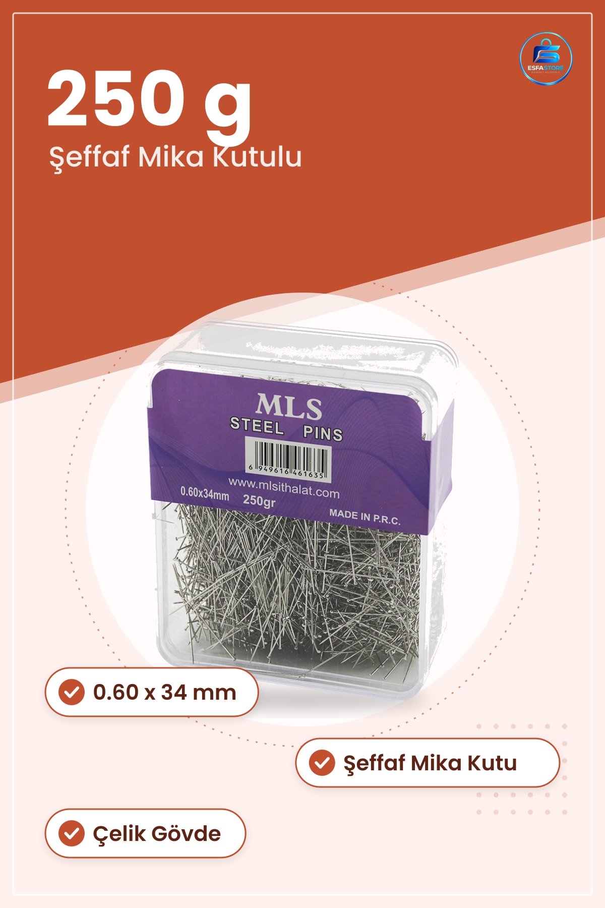Toplu İğne 0.60 x 34 mm 250 g Şeffaf Mika Kutulu Çelik Dikiş Hobi Tekstil Sabitleme