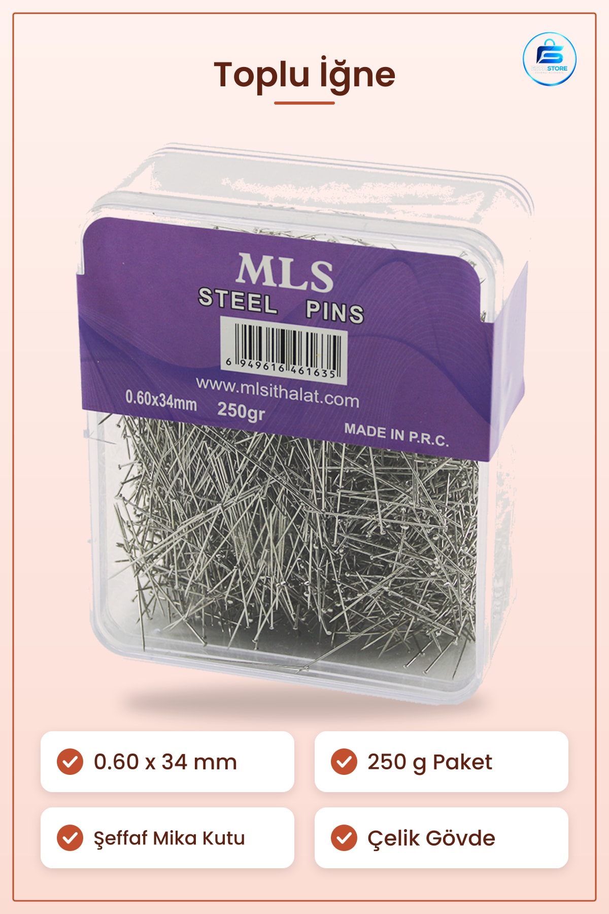 Toplu İğne 0.60 x 34 mm 250 g Şeffaf Mika Kutulu Çelik Dikiş Hobi Tekstil Sabitleme