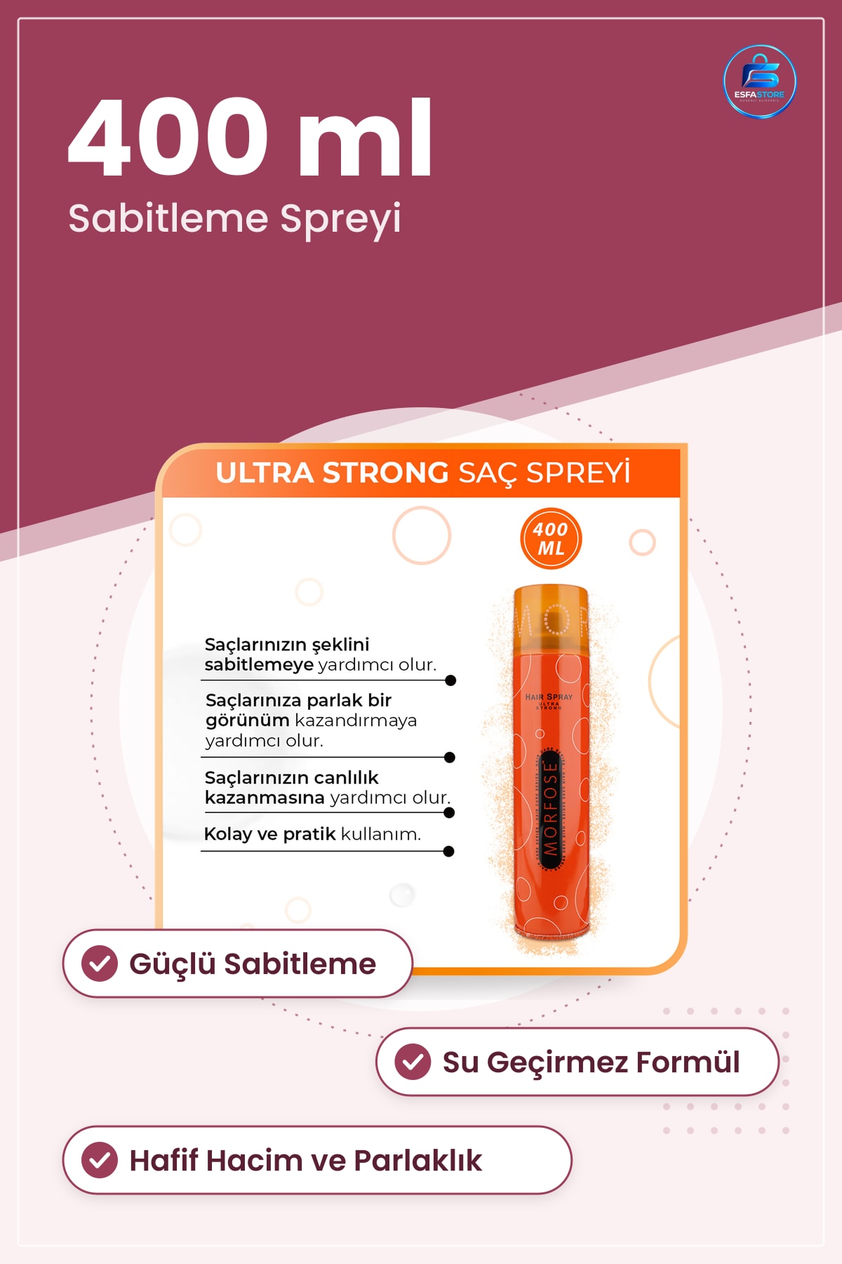 Saç Spreyi 400 ml Ultra Sabitleme Hafif Tutuş Suya Dayanıklı Günlük Özel Gün Stil Parlaklık Hacim