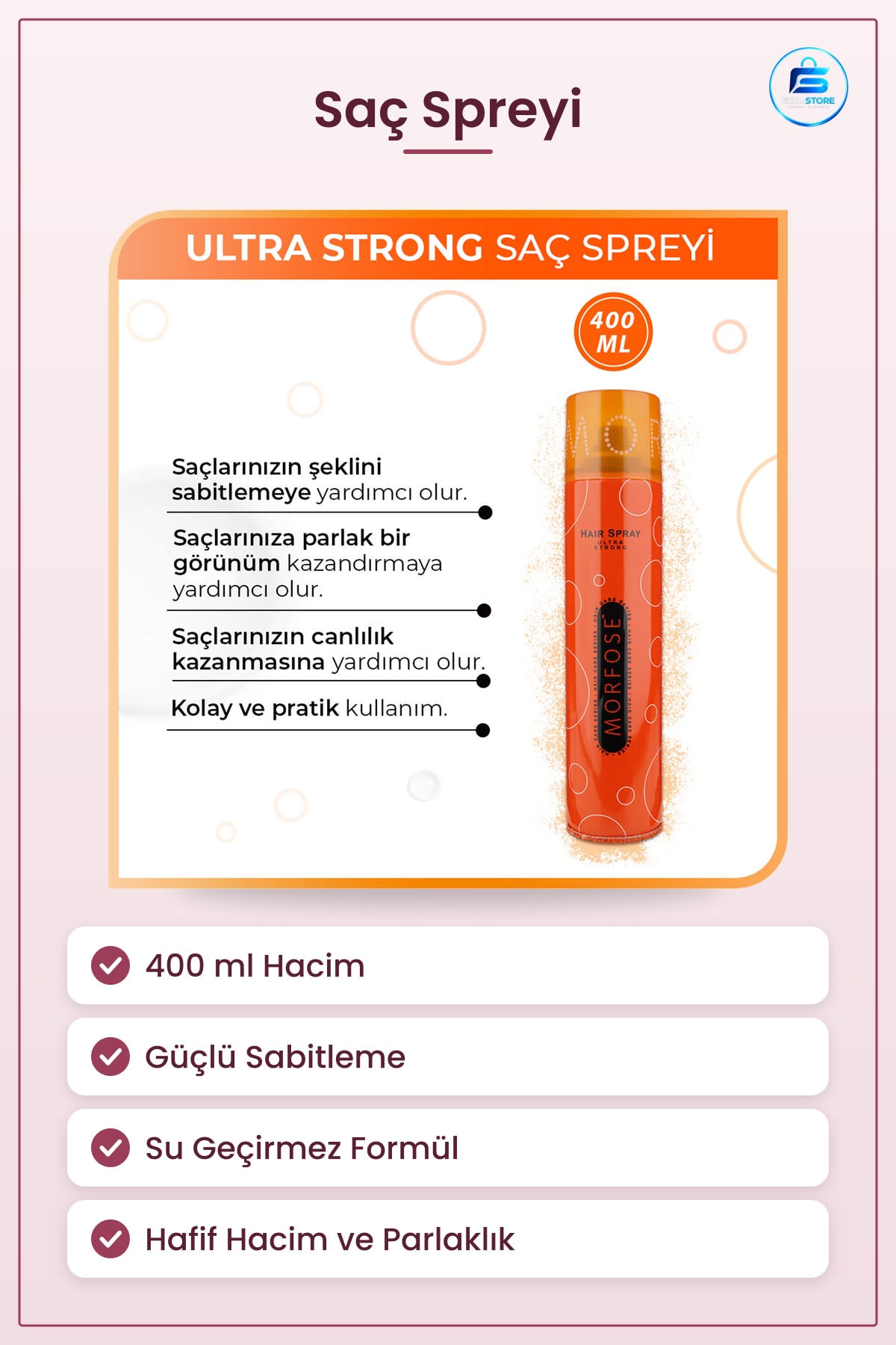 Saç Spreyi 400 ml Ultra Sabitleme Hafif Tutuş Suya Dayanıklı Günlük Özel Gün Stil Parlaklık Hacim