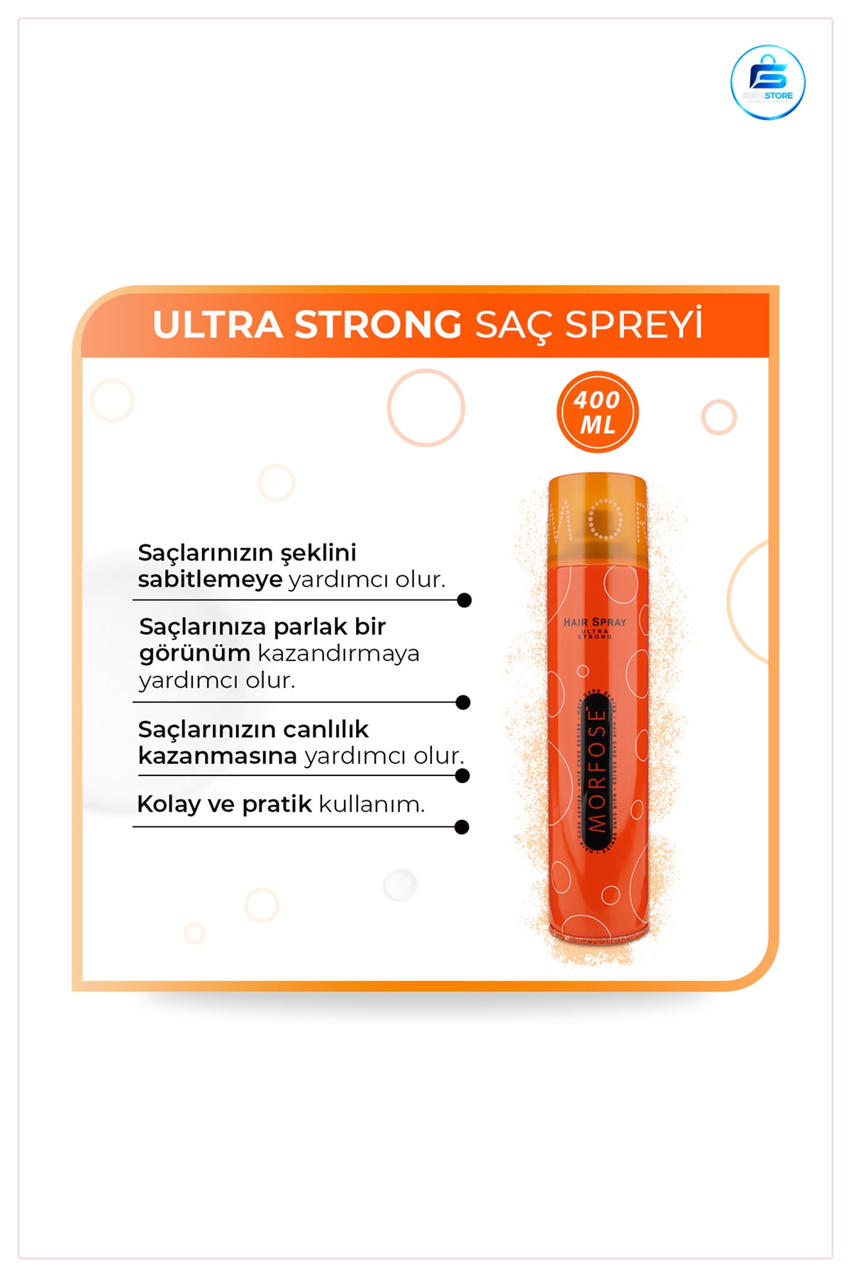 Saç Spreyi 400 ml Ultra Sabitleme Hafif Tutuş Suya Dayanıklı Günlük Özel Gün Stil Parlaklık Hacim