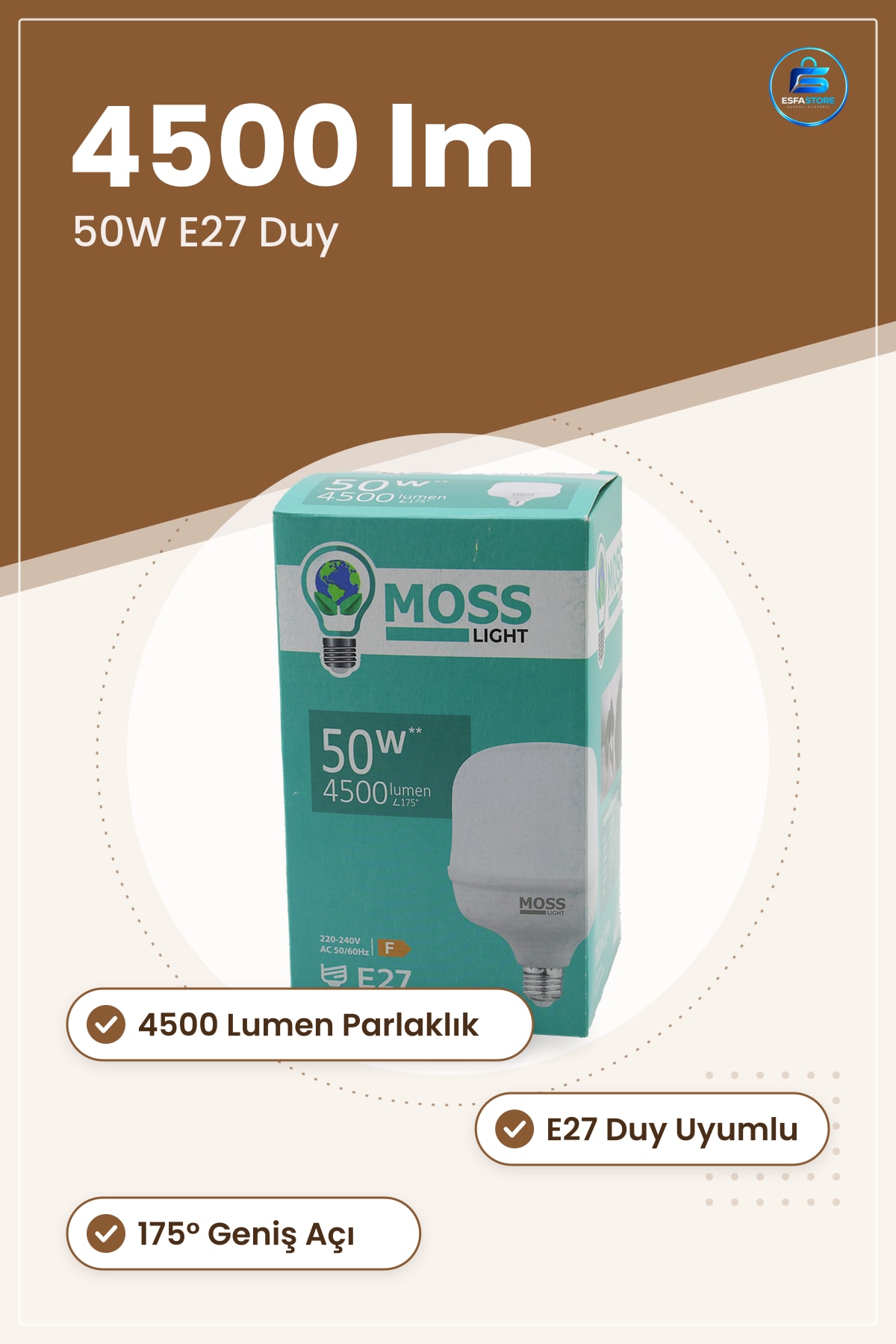 50W E27 LED Ampul 4500 Lumen 50.000 Saat Ömür Ev Ofis Mağaza Depo Atölye Garaj Aydınlatma