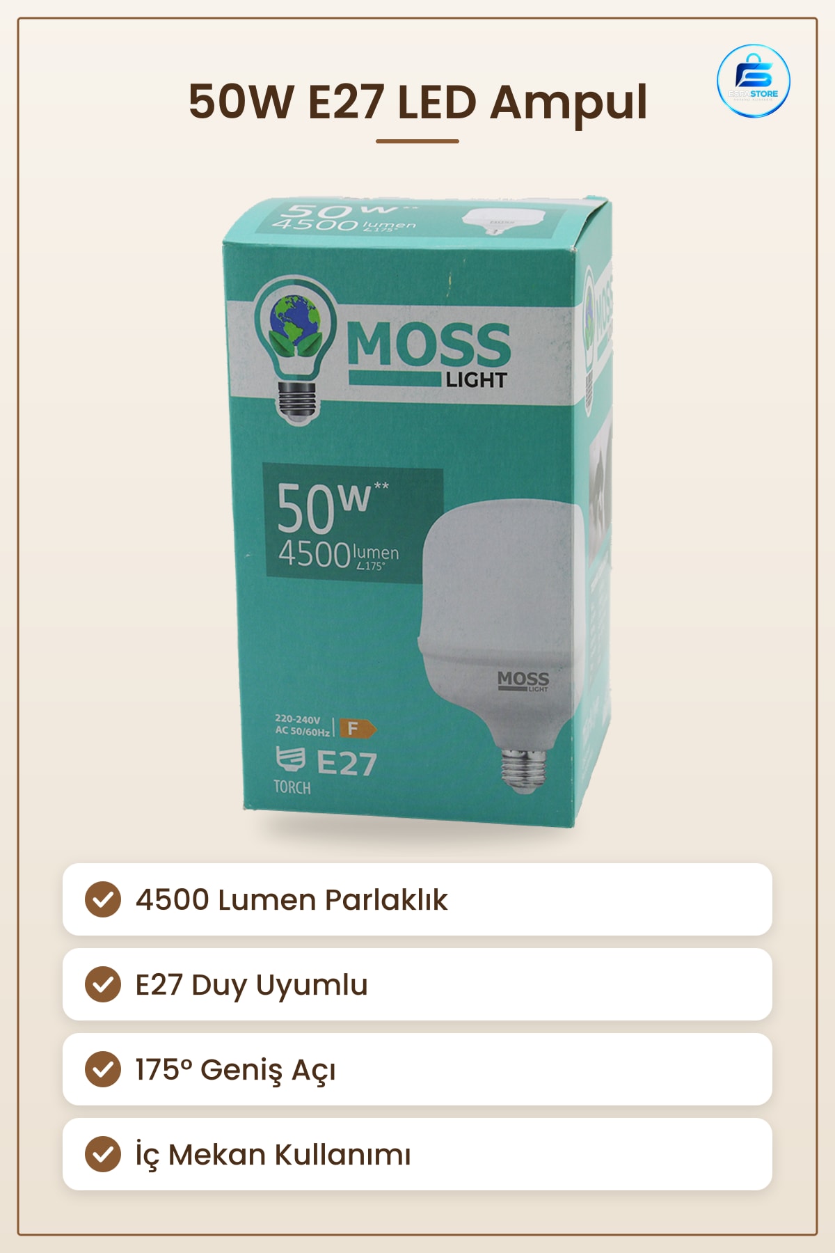 50W E27 LED Ampul 4500 Lumen 50.000 Saat Ömür Ev Ofis Mağaza Depo Atölye Garaj Aydınlatma