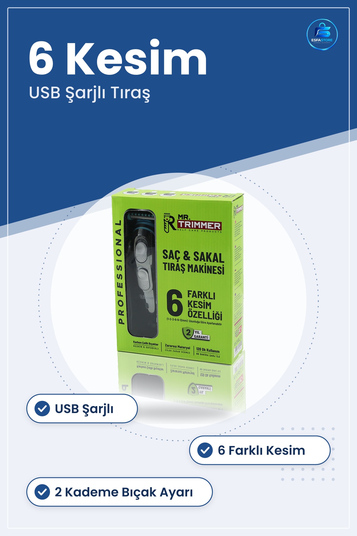 Saç ve Sakal Tıraş Makinesi USB Şarjlı 6 Farklı Kesim 2 Kademe Bıçak Ayarı Paslanmaz Çelik
