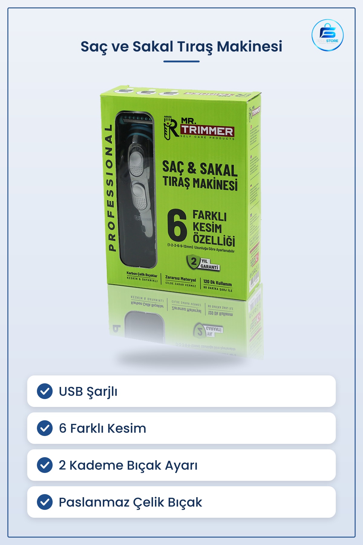 Saç ve Sakal Tıraş Makinesi USB Şarjlı 6 Farklı Kesim 2 Kademe Bıçak Ayarı Paslanmaz Çelik