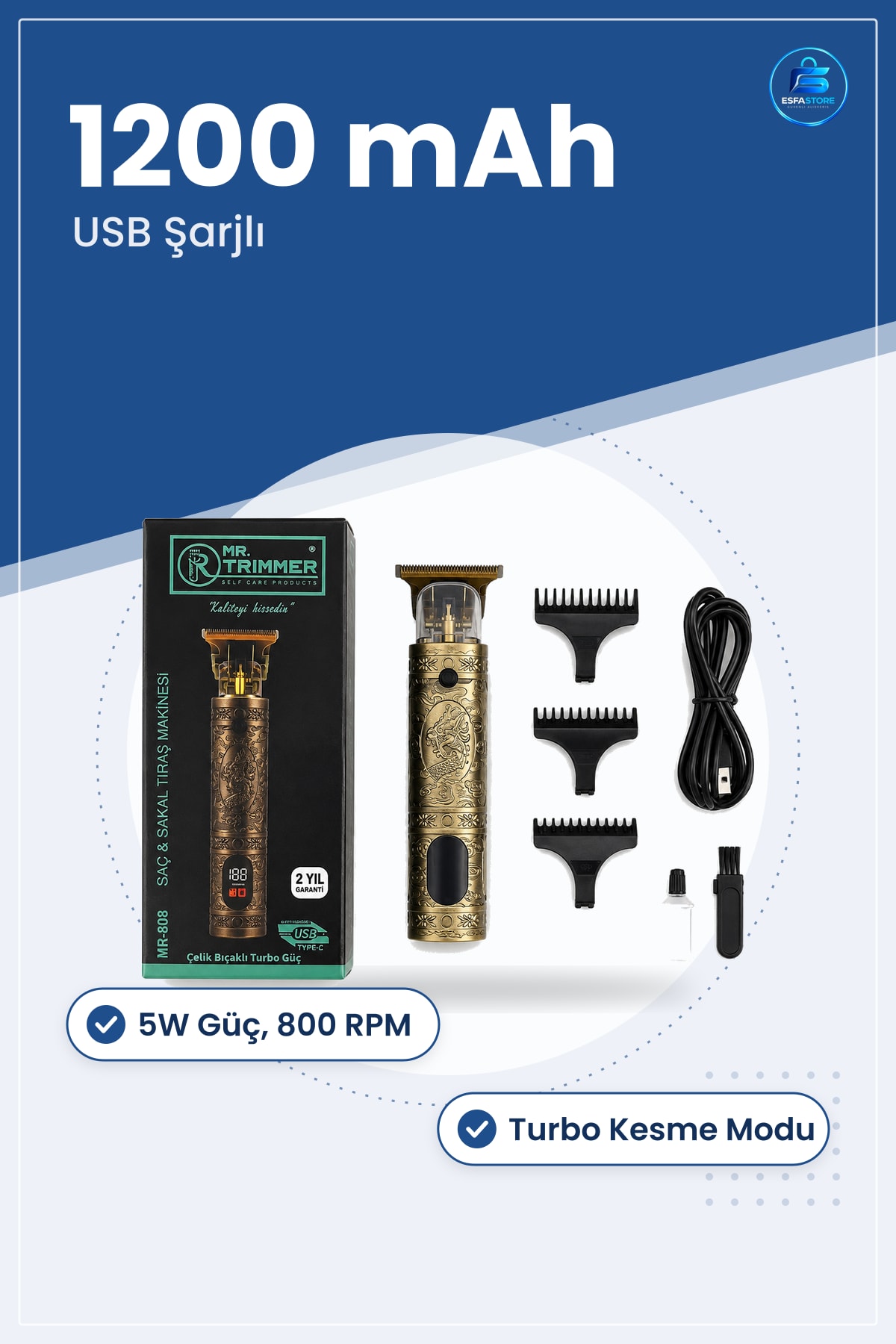 Saç ve Sakal Tıraş Makinesi USB Şarjlı 1200 mAh 5W RPM Çelik Bıçaklı Turbo Kesme