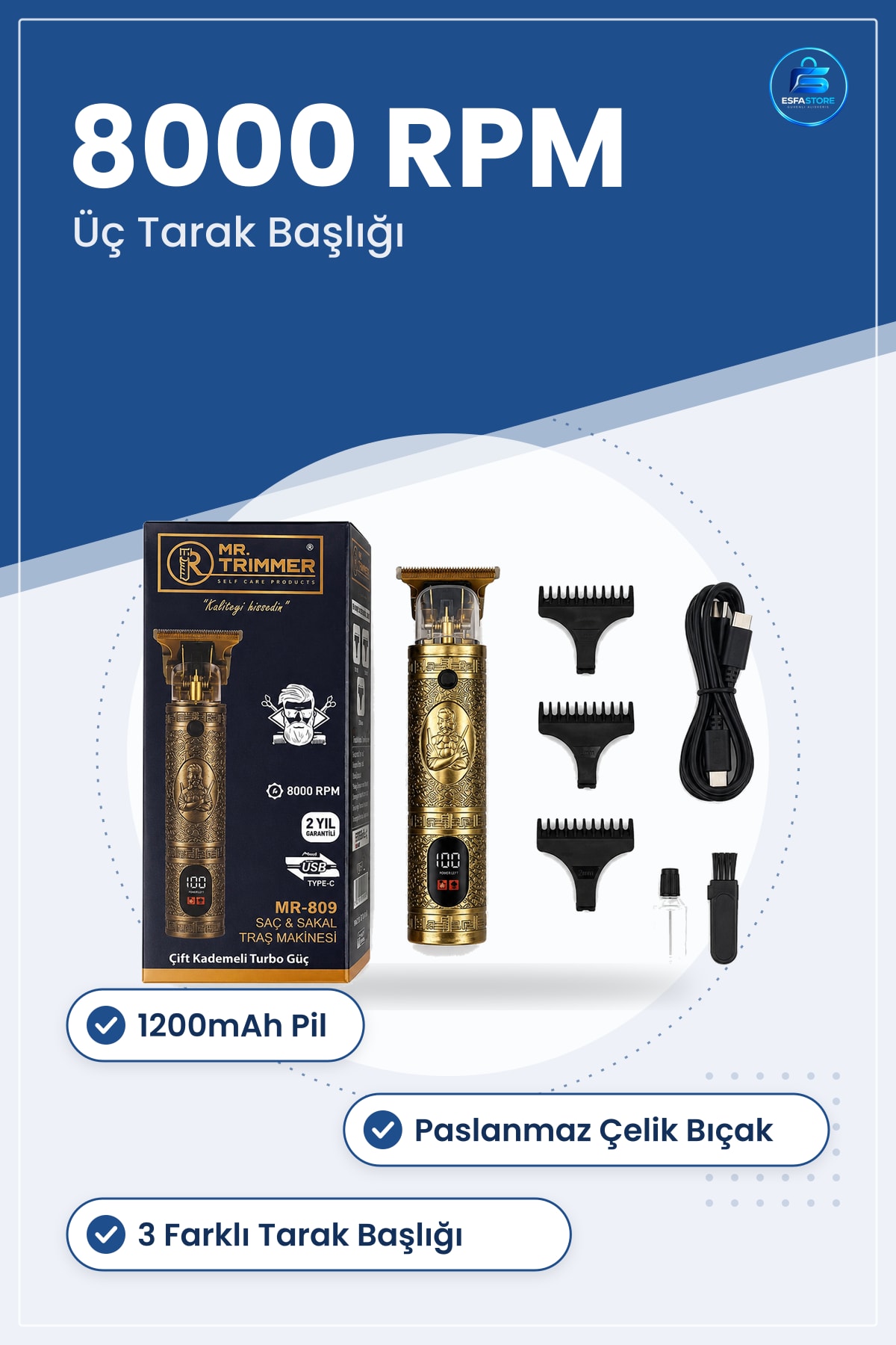 Tıraş Makinesi USB Şarjlı Saç ve Sakal Kesme RPM 1200mAh Altın Renk Trimmer Kişisel Bakım