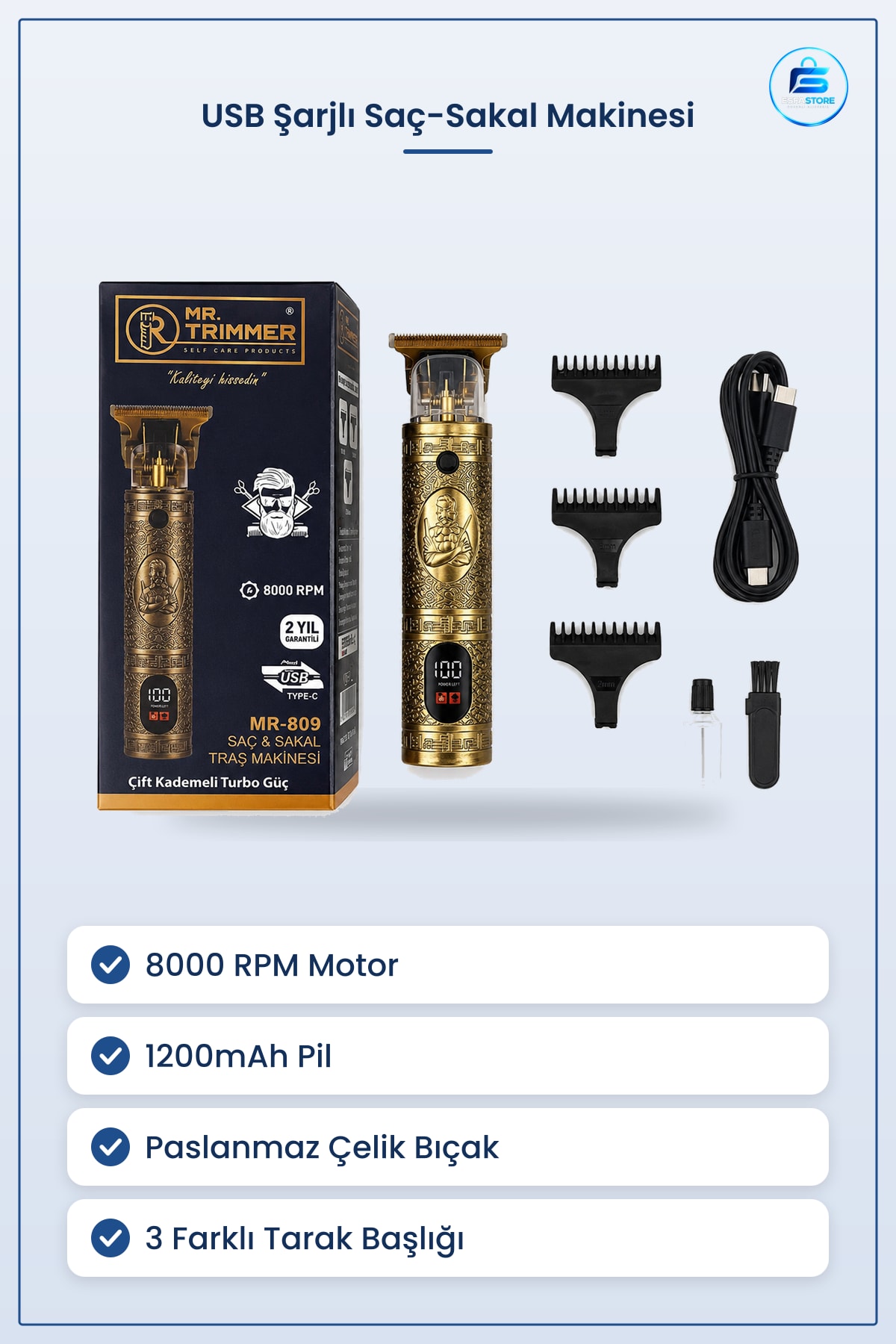 Tıraş Makinesi USB Şarjlı Saç ve Sakal Kesme RPM 1200mAh Altın Renk Trimmer Kişisel Bakım