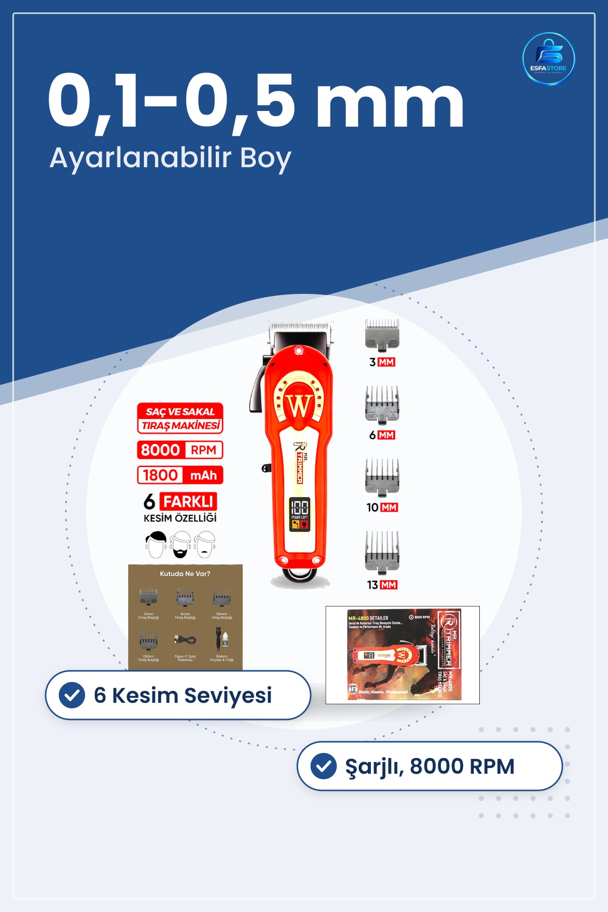 Saç Sakal Kesme Tıraş Makinesi Ayarlanabilir 0,1 ila 0,5 mm 6 Kesim Seviyesi RPM Şarjlı