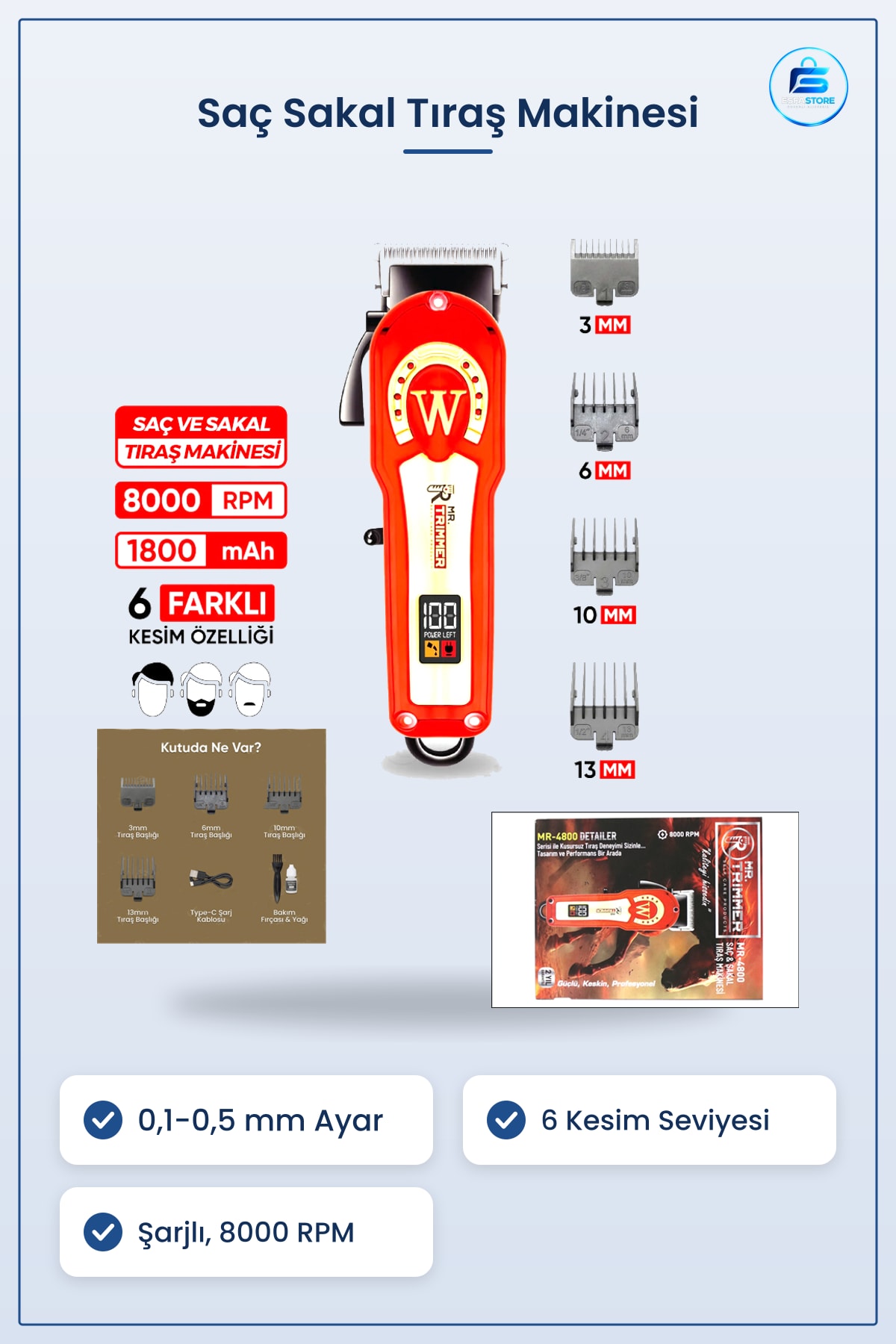 Saç Sakal Kesme Tıraş Makinesi Ayarlanabilir 0,1 ila 0,5 mm 6 Kesim Seviyesi RPM Şarjlı