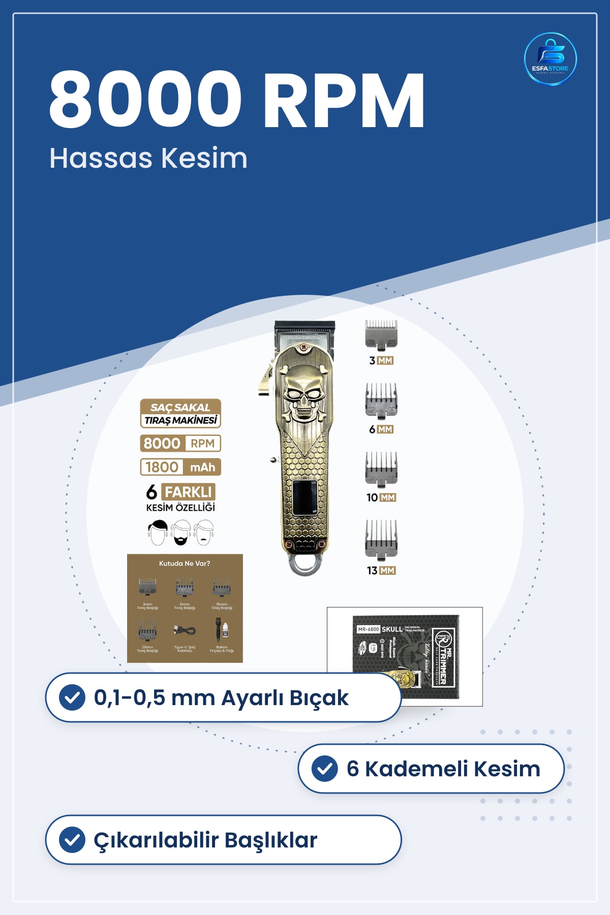 Saç Sakal Tıraş Makinesi 0,1 ile 0,5 mm Ayarlı Bıçak RPM 6 Kademeli Hassas Kesim