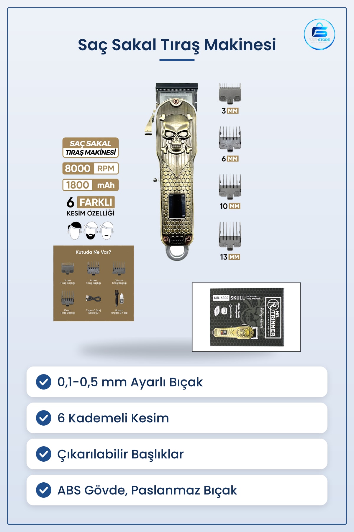 Saç Sakal Tıraş Makinesi 0,1 ile 0,5 mm Ayarlı Bıçak RPM 6 Kademeli Hassas Kesim